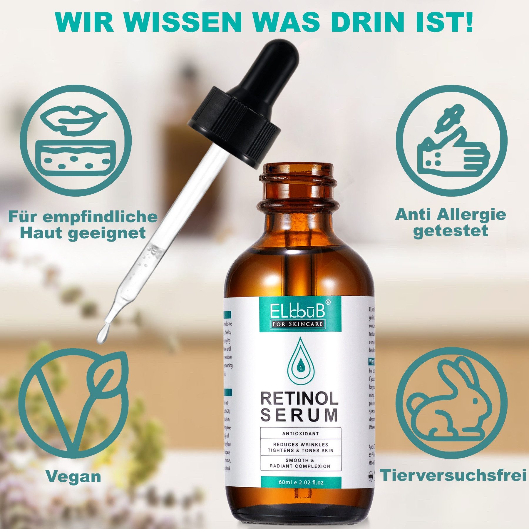 P-Beauty Cosmetic Accessories Anti-Falten-Serum Retinol Serum mit Vitamin E Anti Falten Gesichtsserum Bio Vegan 60ml, 1-tlg.
