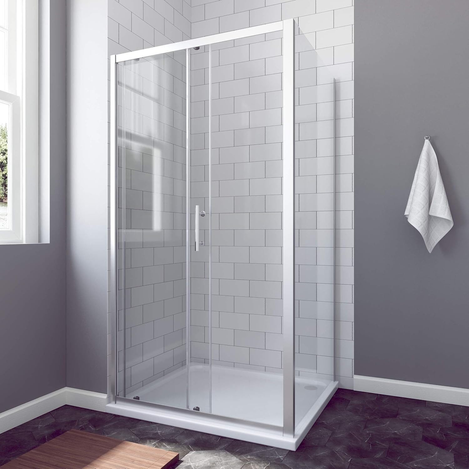Thumbnail - AQUALAVOS Eckdusche Duschabtrennung Schiebetür mit Seitenwand Eckeinstieg Glas Duschwand, BxT: 100x75 cm, Klarglas Einsc...