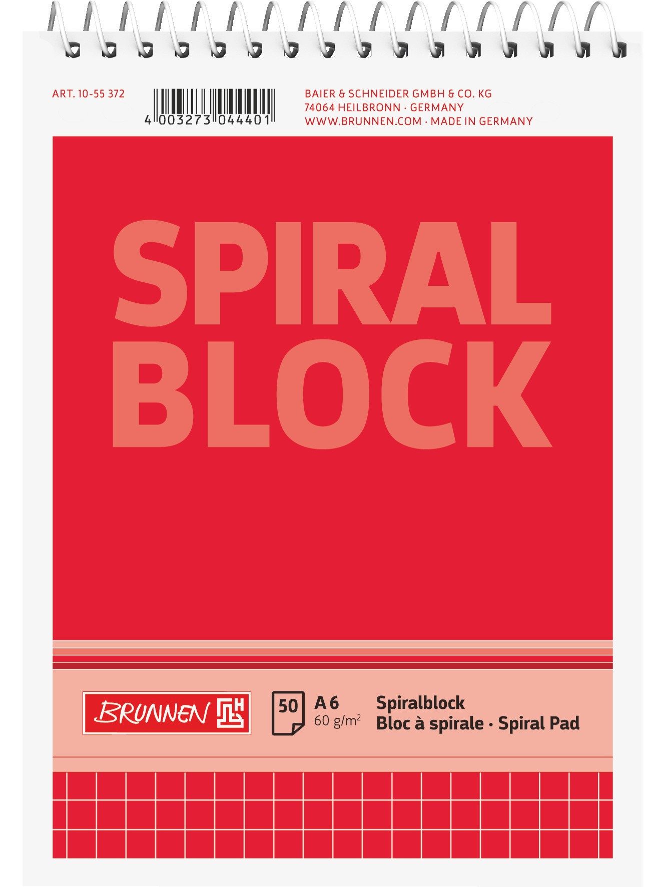 Baier & Schneider Notizblock Spiralnotizblock A6 kariert 50 Blatt rot