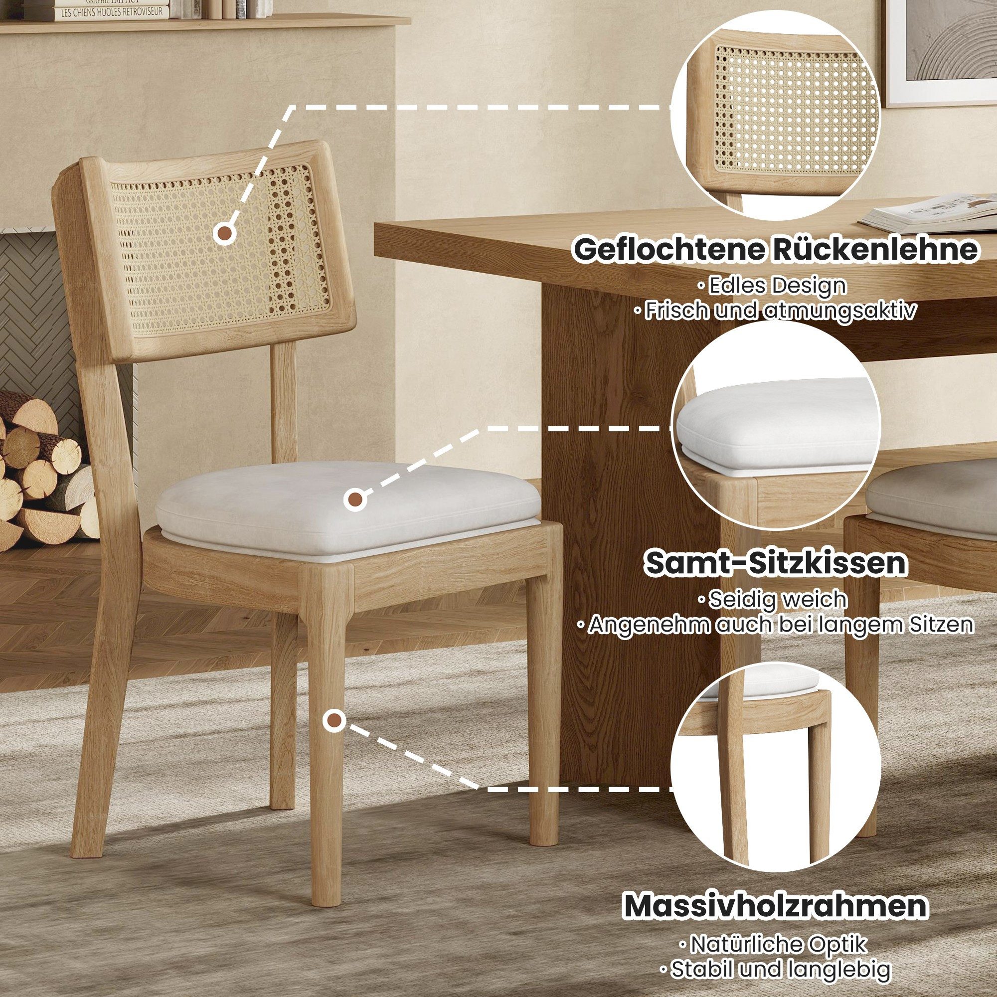 BlingBin Esszimmerstuhl 4er-Set Esszimmerstühle Polsterstühle mit Holzbeine (Esszimmerstühle, 4 St), mit Rattan-Rückenlehnen, für Esszimmer, Wohnzimmer, Cafés