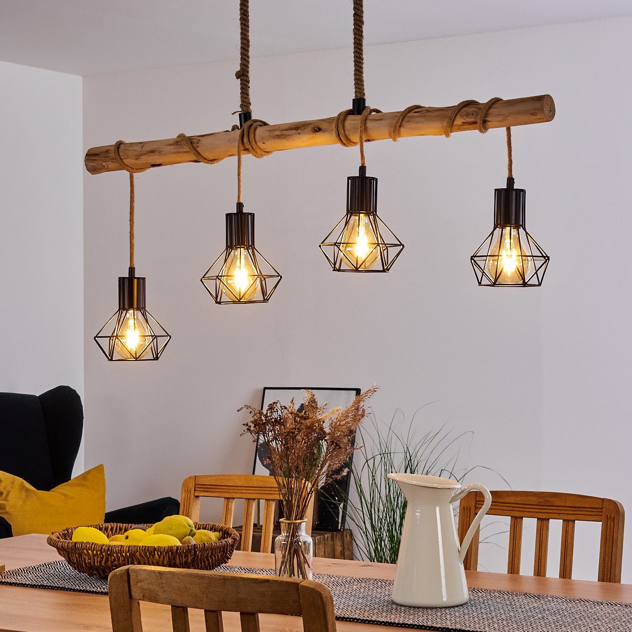 hofstein Pendelleuchte »Pomari« Hängelampe aus Metall/Holz/Kordel in Schwarz/Natur, ohne Leuchtmittel, 4xE27, mit Holzbalken im Retro/Vintage-Design, Höhe max. 173cm