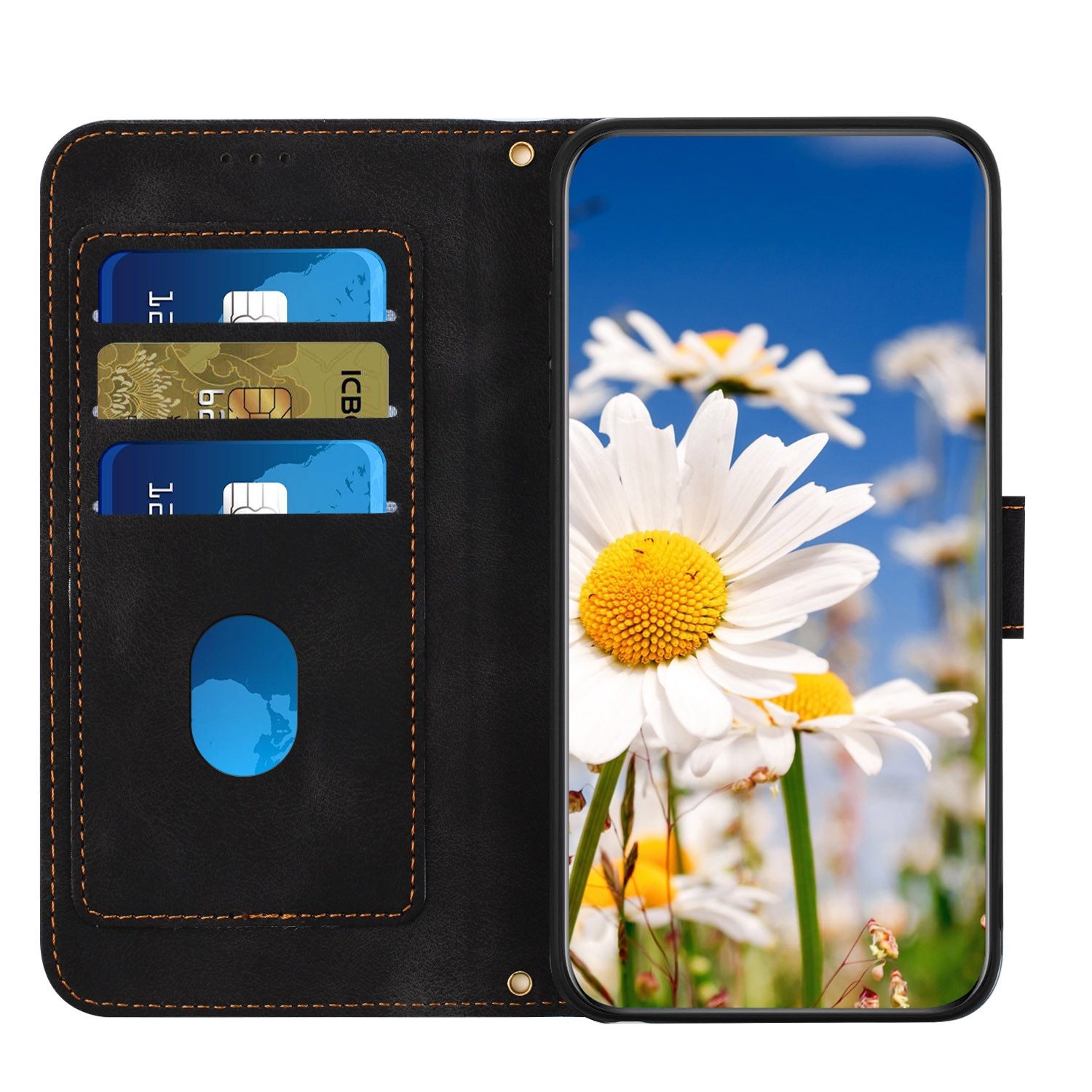Wigento Smartphone-Hülle Für Samsung Galaxy S25 Kunstleder Wallet Blumen Tasche Hülle Schwarz, Blumenmuster, Kartenfächer, Lanyard