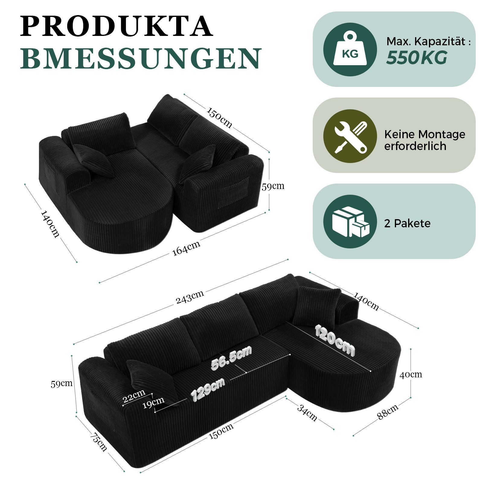 COMHOMA Sofa Ecksofa mit Schlaffunktion, Corduroy Modulares Boneless Couch, mit Chaiselongue, L-Form Schlafsofa, Sektionssofas mit Kissen & Seitentaschen