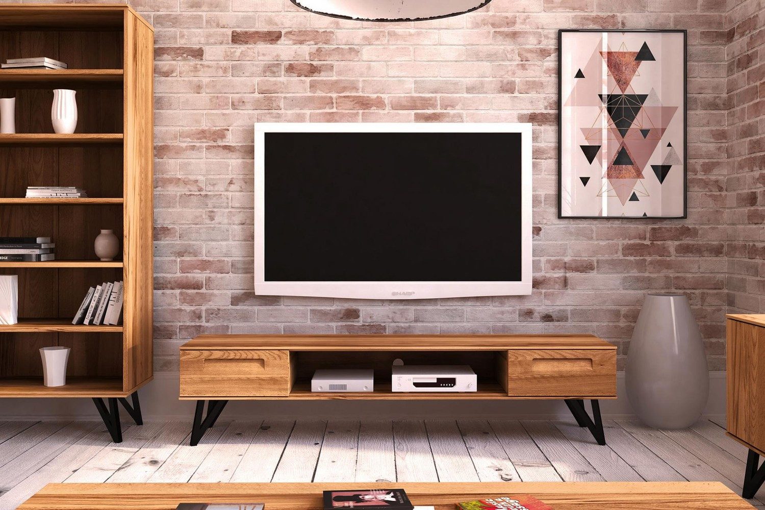 Natur24 Lowboard TV-Board Rolo Kernbuche 182x45x42 Metallbeine 2 Schubladen 1 Fach