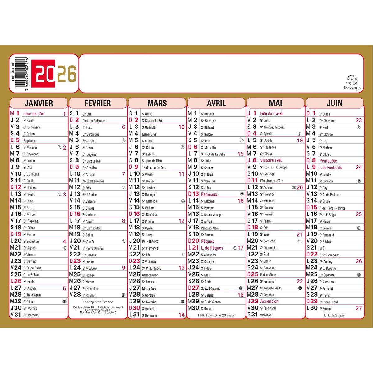 Wandkalender EXACOMPTA 34411E EXACOMPTA Calendrier tricolore neutre, 170 x 130 mm