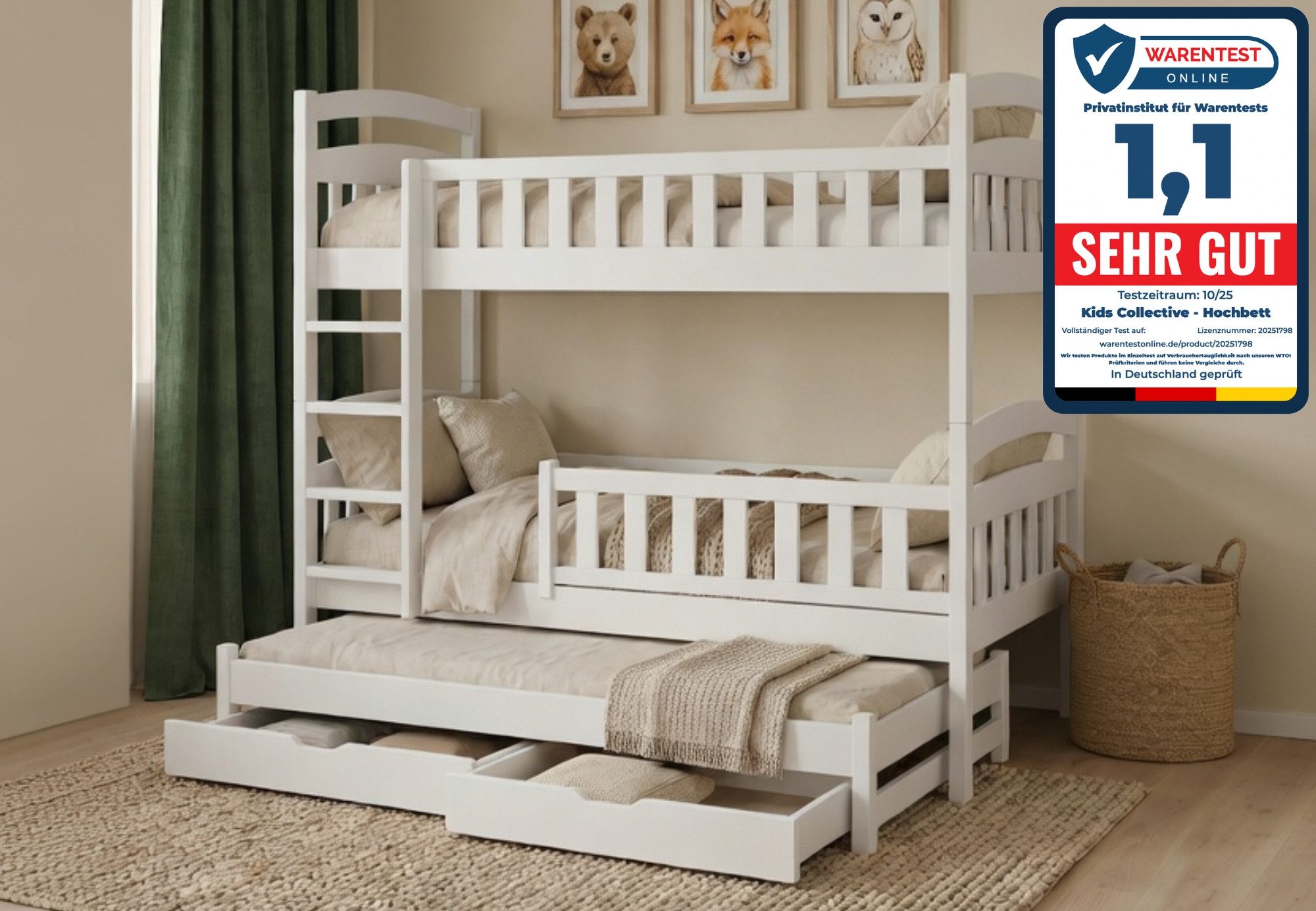 Kids Collective Etagenbett Hochbett Stockbett Kinderbett 90x200 cm mit Ausziehbett und Schubladen (Modell 2025), Umbaubar zu 3 Einzelbetten mit Lattenrosten & Rausfallschutz, weiß