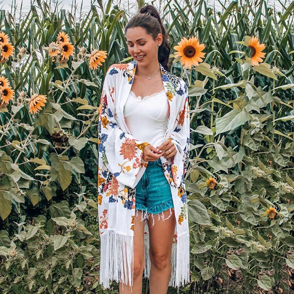 RWEUOQ Blusenkleid Weiße Chiffon-Tunika mit Print günstig online kaufen