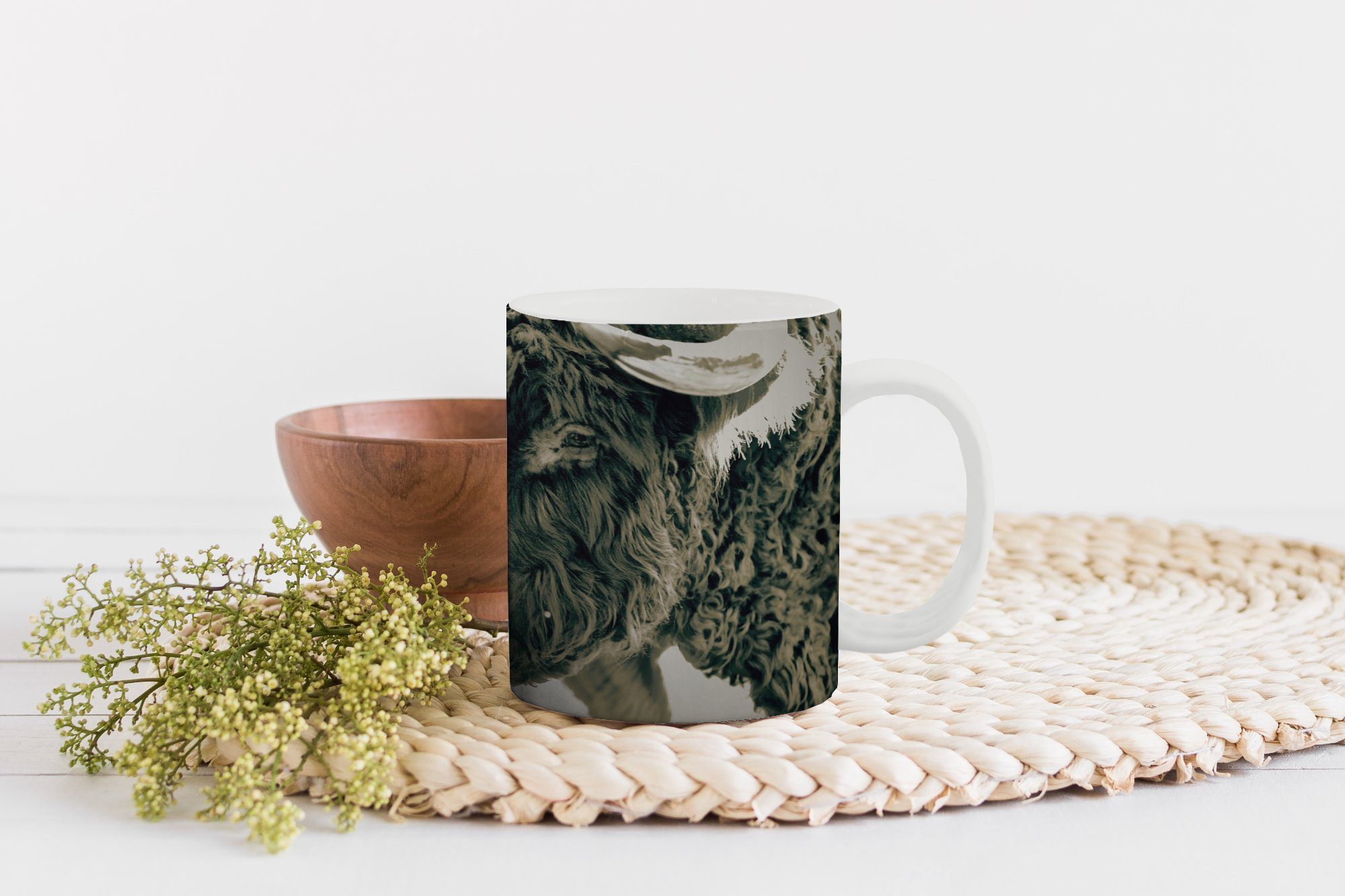 Keramik, Highlander - Teetasse, MuchoWow Schnee Teetasse, - Schottischer Becher, Geschenk Hörner, Kaffeetassen, Tasse