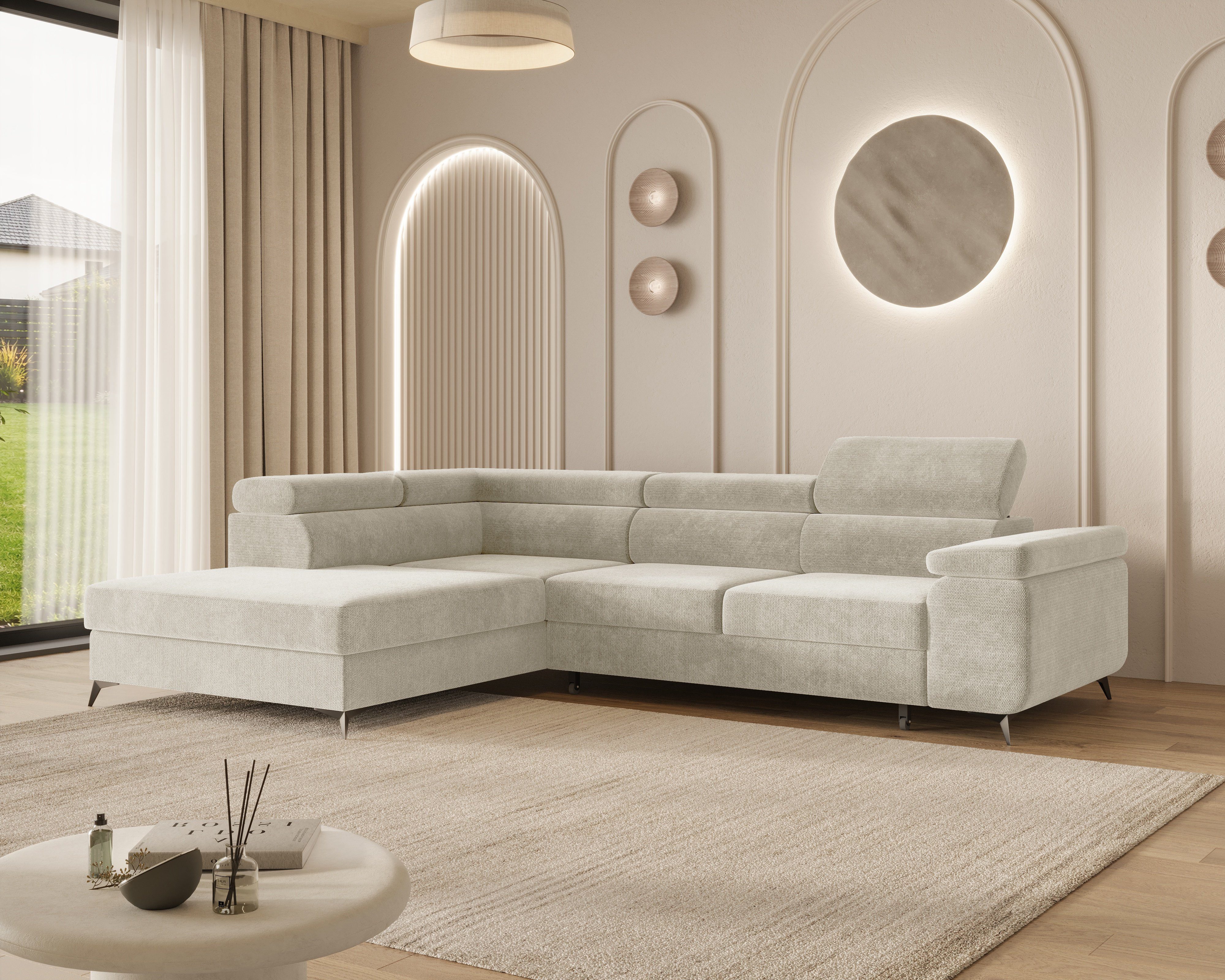 MOEBLO Ecksofa OSTIN, 290 cm – Modernes L-Sofa mit Schlaffunktion, Bettkasten und verstellbaren Kopfstützen, Cord oder Strukturstoff, - (BxHxT): 290 x 75–90 x 202 cm