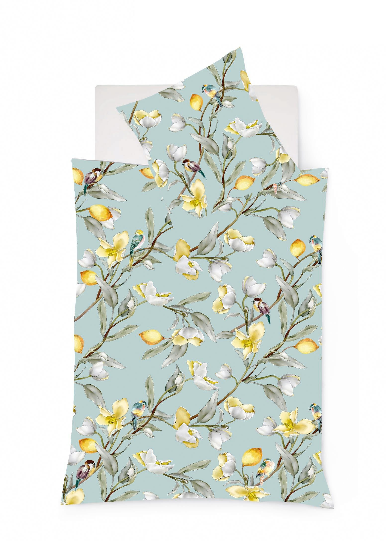 fleuresse Bettwäsche Fleuresse Mako-Satin Bettwäsche 155x220 Zitronen Blüten Vögel smaragd, Mako-Satin, 2 teilig