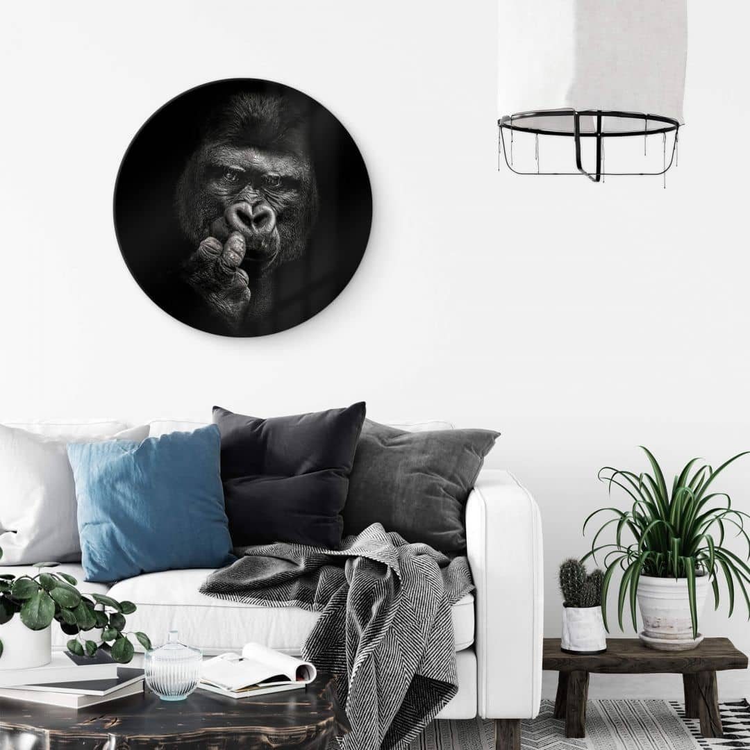 K&L Wall Art Glasbild Glas Wandbild Rund Glasbild Meermann Schwarz-Weiß Safari Gorilla, Wandschutz Deko Bilder