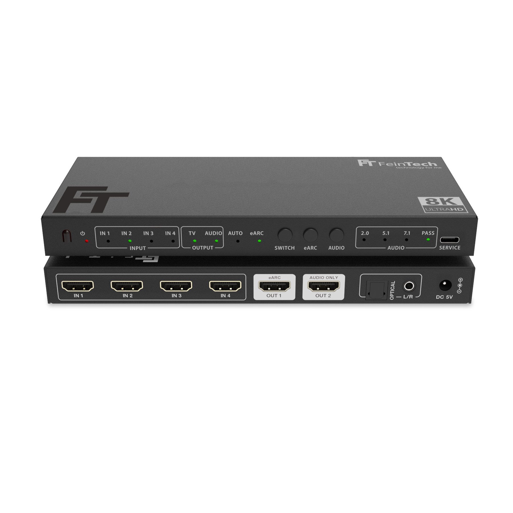 FeinTech SW411 HDMI 2.1 Switch 4 In 1 Out mit HDMI Audio Extractor HDMI-Adapter zu HDMI, HDMI-Audio, Toslink, 3,5-mm-Klinke