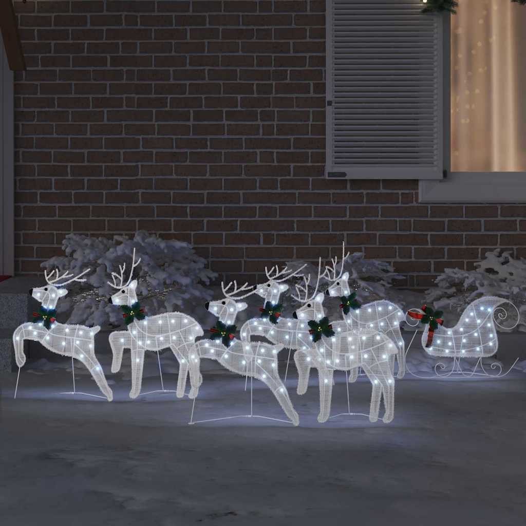 vidaXL Weihnachtsszene, LED Rentiere 7 pcs Weiß Stoff