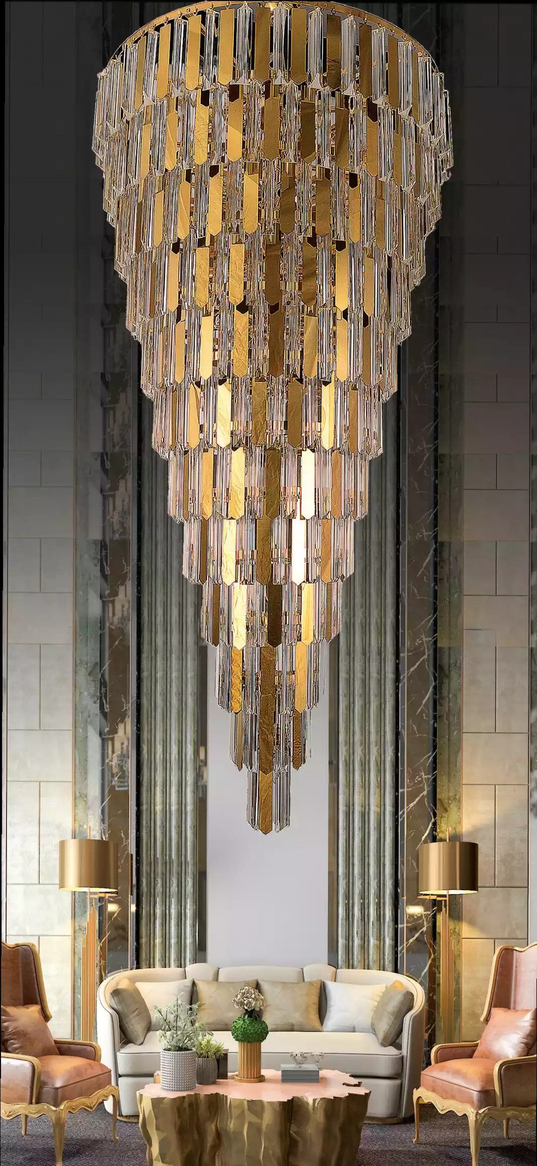 JVmoebel Kronleuchter Eleganter goldener Deckenleuchter mit Kristallakzenten, Made in Europa