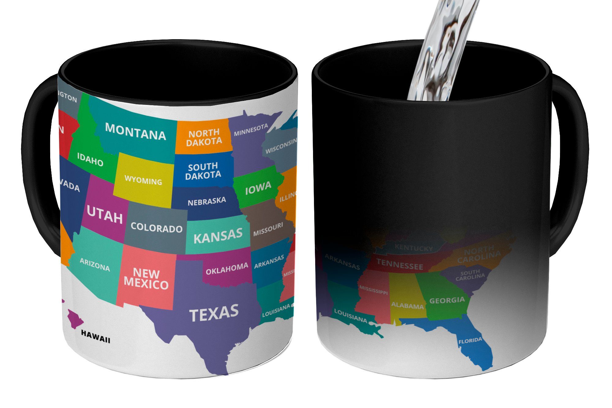 Teetasse, Kaffeetassen, weißem Geschenk USA Zaubertasse, Karten Farbwechsel, Hintergrund, Tasse auf MuchoWow Bunte Keramik,