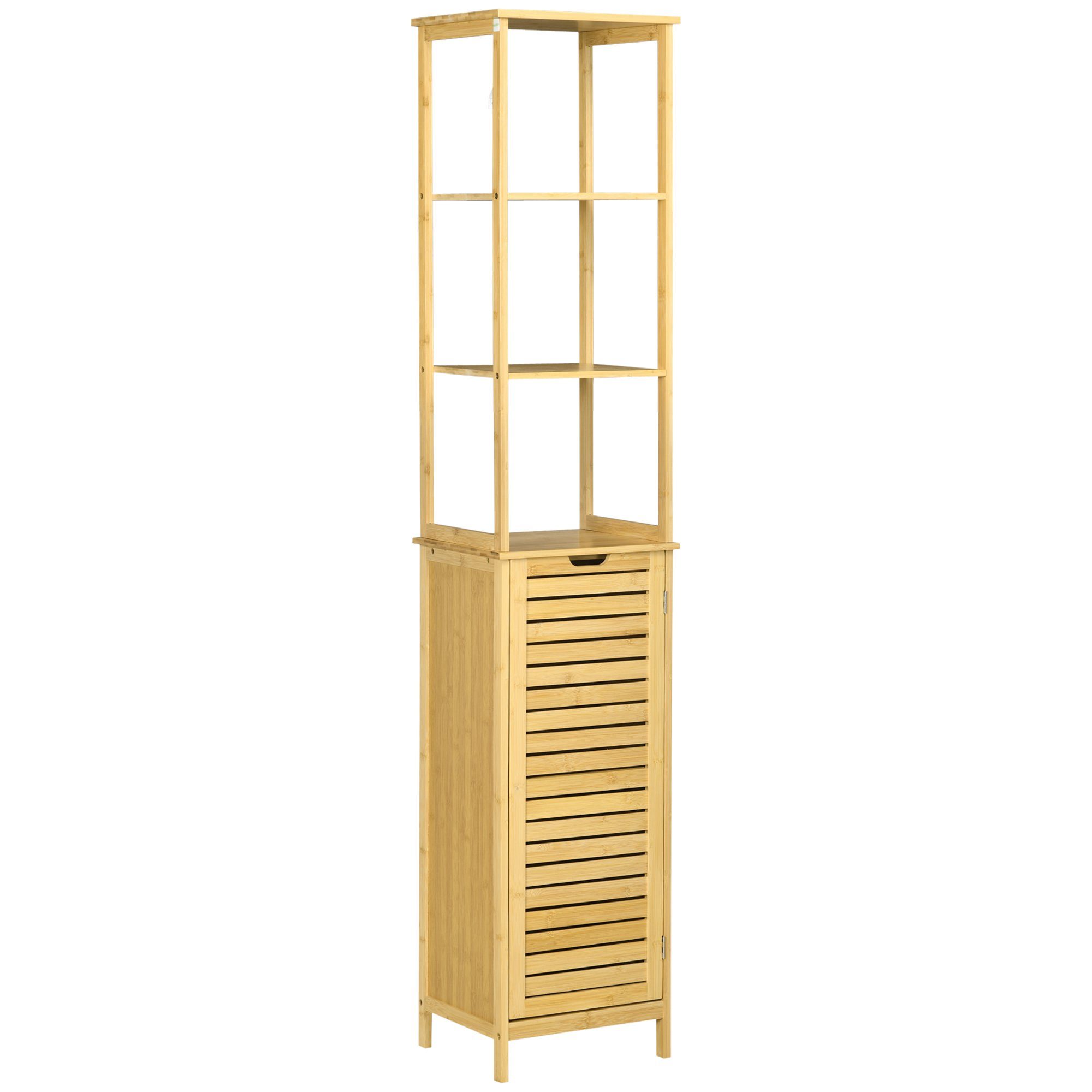 Kleankin Badkommode Badschrank mit 3 offenen Fächer und 1 Schrank (Badmöbel, 1 St., Badezimmerschrank), Natur 34 x 30 x 173 cm