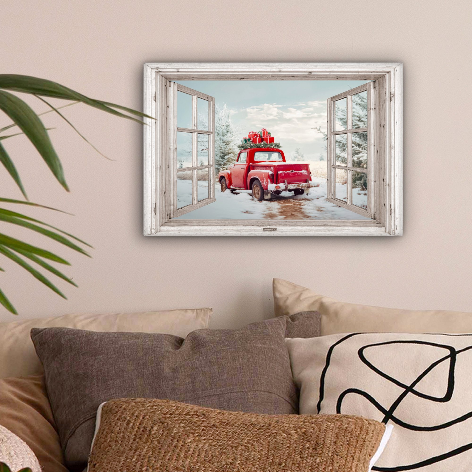 OneMillionCanvasses® Leinwandbild Auto - Rot - Winter - Weihnachten - Fenst günstig online kaufen