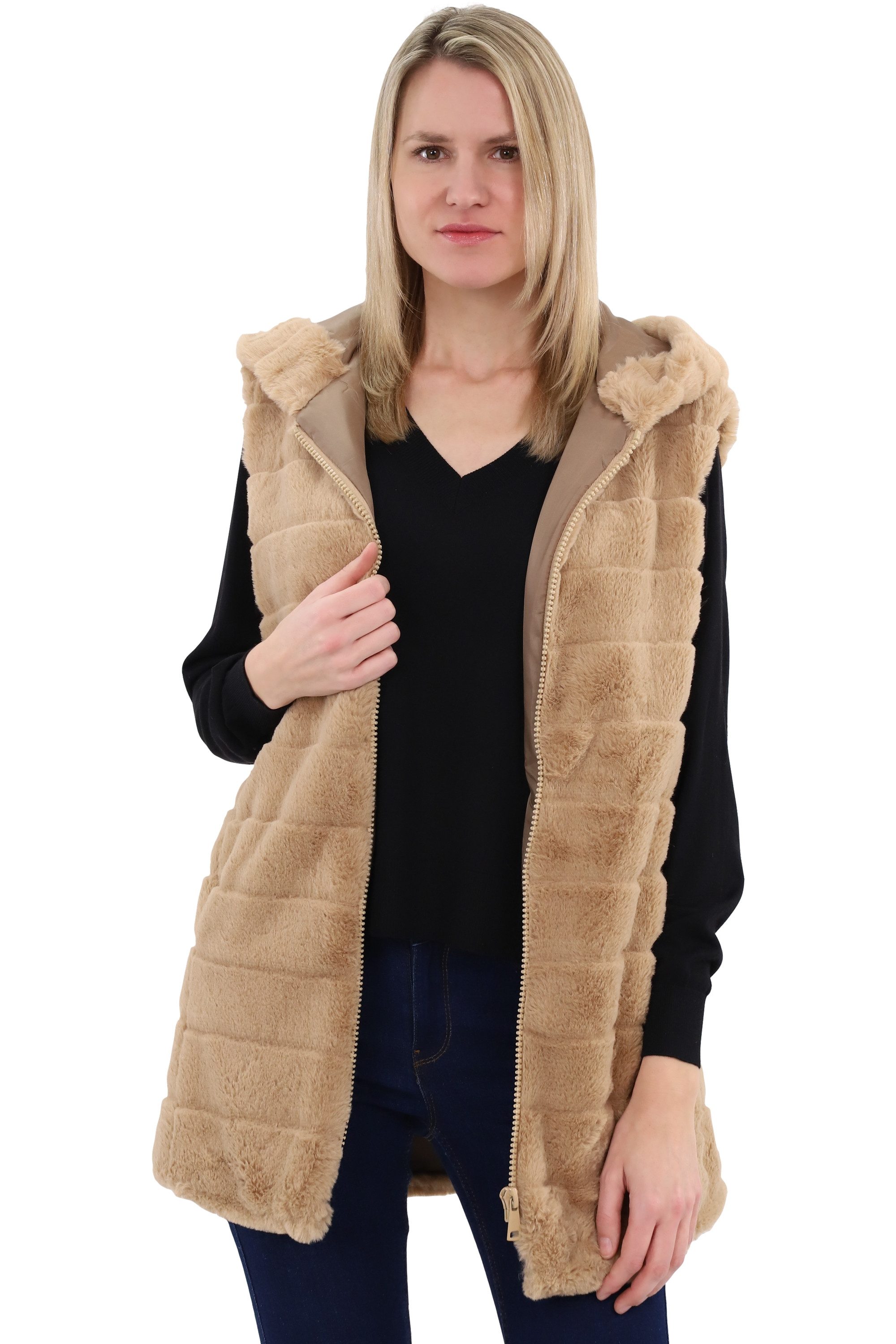 malito more than fashion Longweste malito Damen Longweste mit Kapuze, gerippte Weste aus Kunstpelz, mit Kapuze