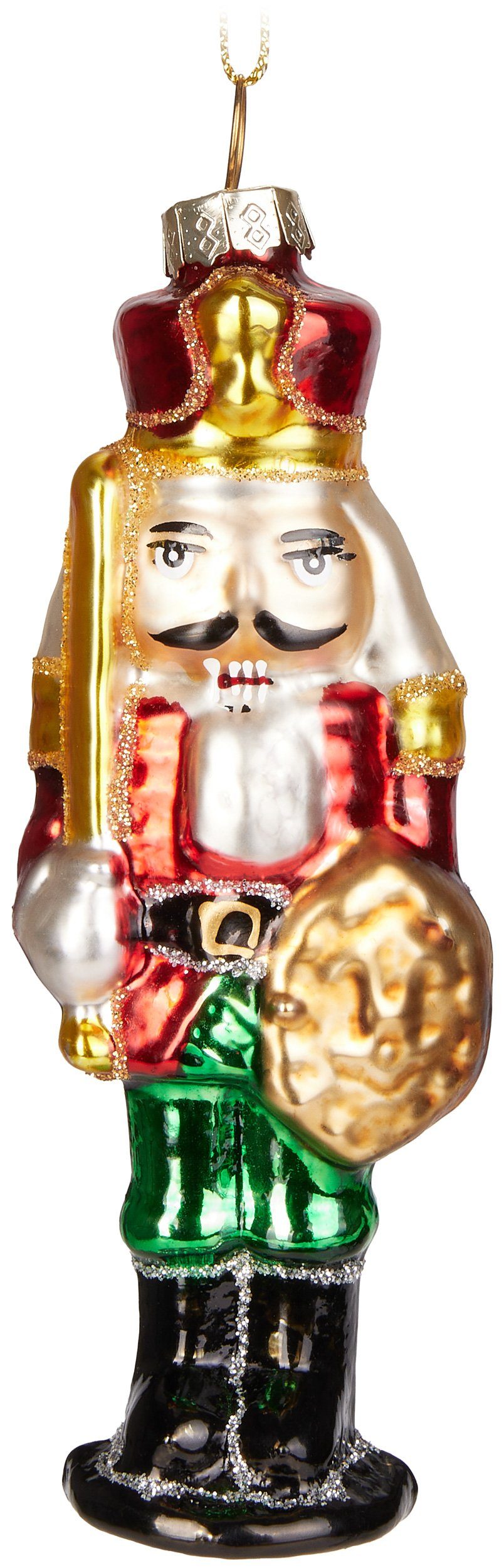 BRUBAKER Christbaumschmuck Nussknacker Soldat Rot Grün Gold (1-tlg), Handbemalte Weihnachtskugel aus Glas - Mundgeblasene Weihnachtsbaumkugel Figuren Deko Anhänger Lustige Baumkugel - 13 cm