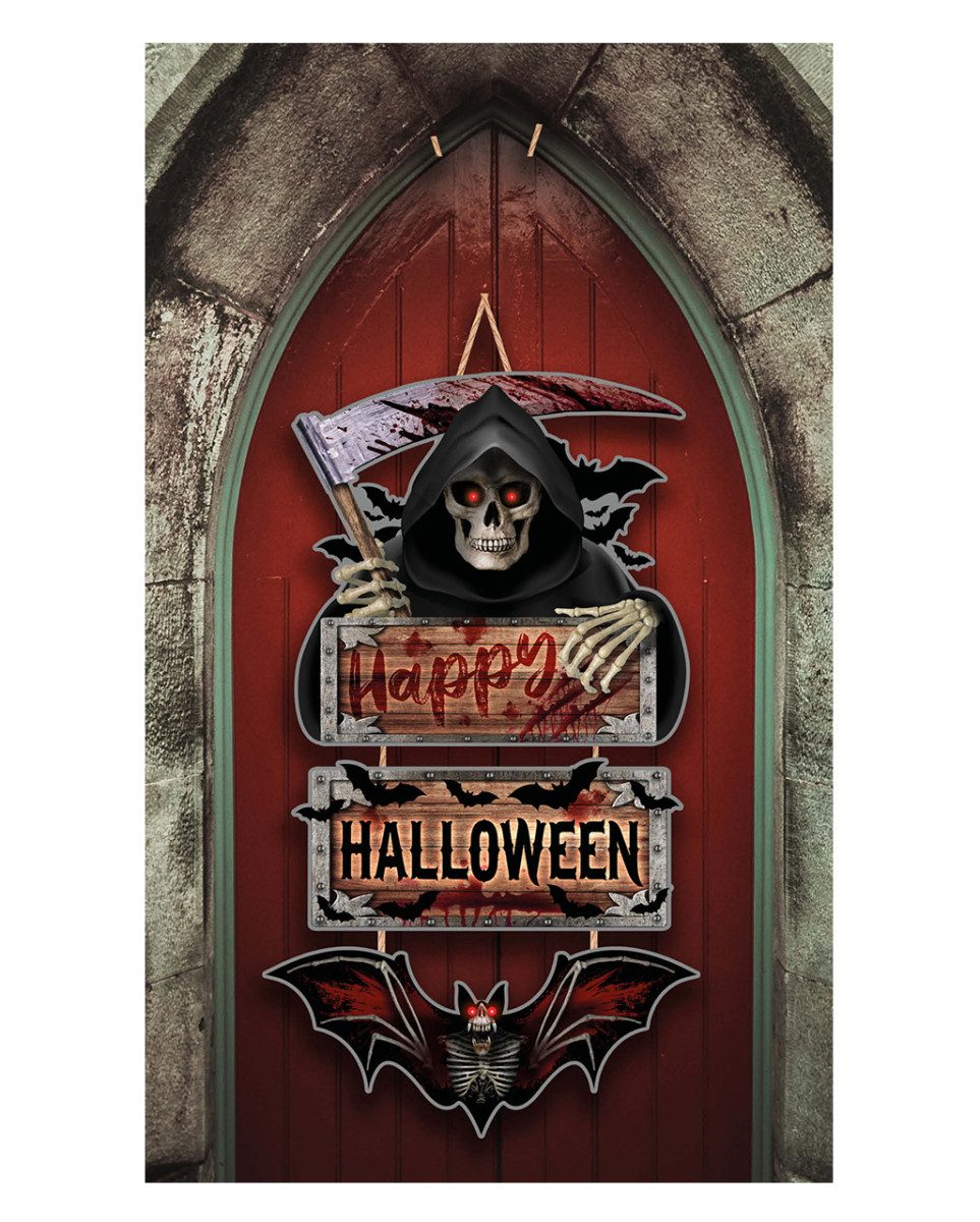 Horror-Shop Hängedekoration Happy Halloween Reaper & Fledermaus Holzschild günstig online kaufen