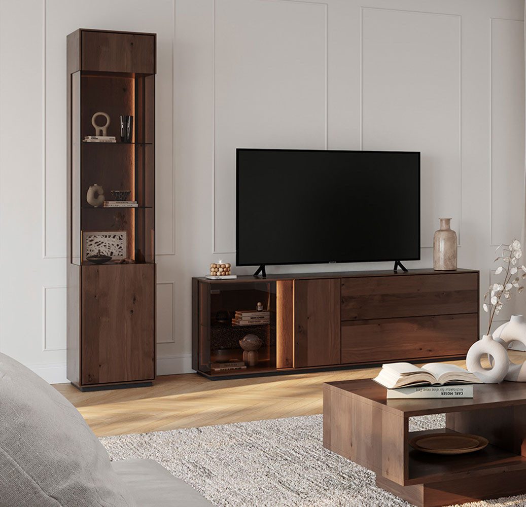 Feldmann-Wohnen Wohnwand Collodi, (mit Türen, mit Einlegeböden, mit Klapptüren, 2-St., Massivholz, geölte Oberfläche), 2-teilig Wildeiche Tabak mit Beleuchtung