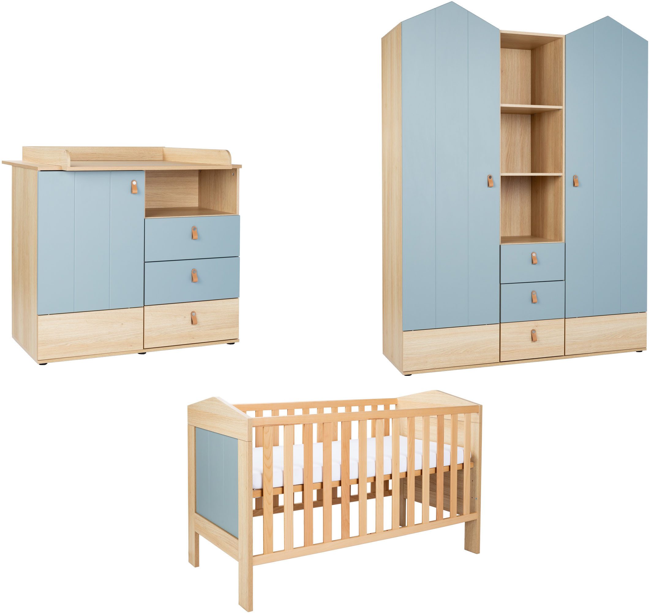 arthur berndt Babyzimmer-Komplettset Babyzimmer-Set »Roofy« 3-teilig mit 2-türigem Kleiderschrank, (Set, 3-tlg., Babymöbel-Set »Roofy« Kleiderschrank,Kinderbett+Wickelkommode)