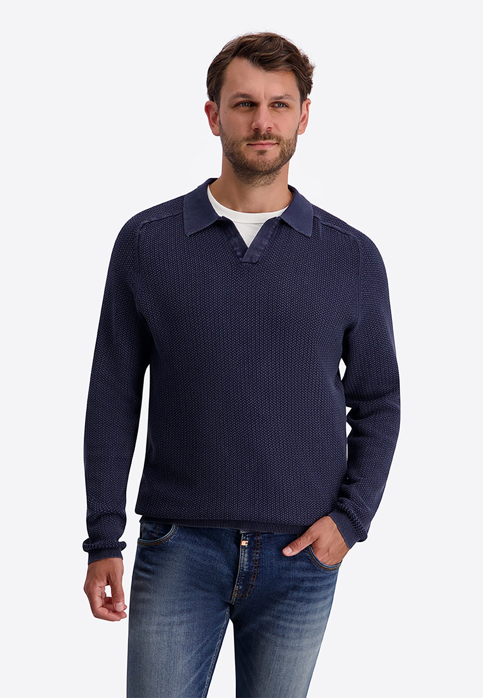 TIMEZONE Strickpullover Strukturstrick Offener Polokragen für Herren (1-tlg) V-förmige Blende, Rippbündchen, Gerippter Saumabschluss
