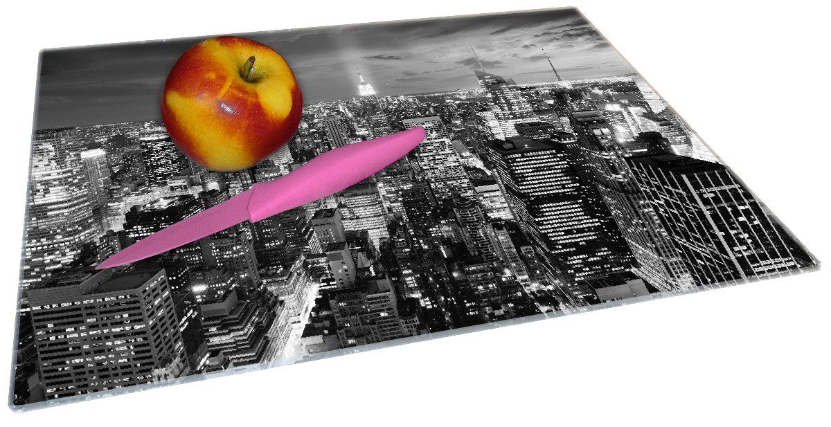 Wallario Schneidebrett New York die - 4mm, (inkl. Panoramablick Nacht schwarzweiß, - Stadt Gummifüße über ESG-Sicherheitsglas, 1-St), rutschfester 30x40cm bei