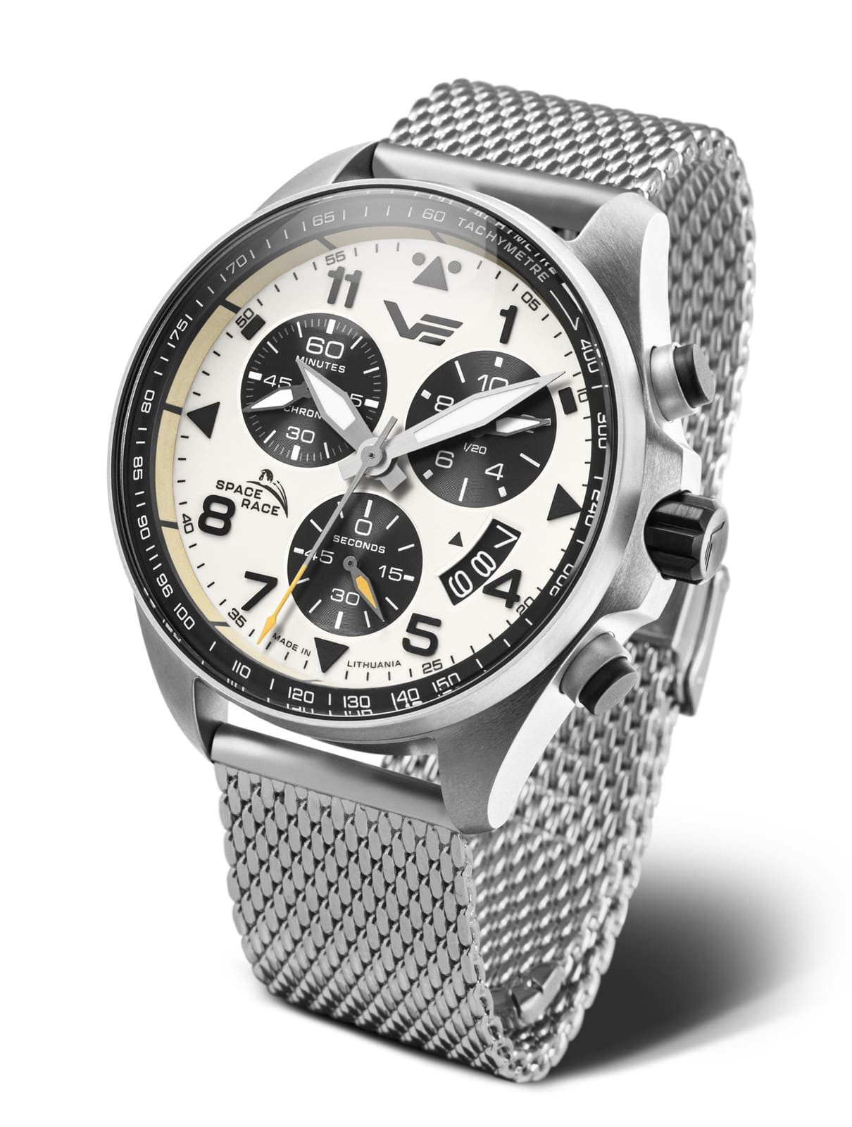 Vostok Europe Chronograph Space Race Herrenuhr 46 mm Herren Armbanduhr 325A743B, mit altweißem Zifferblatt & Edelstahlarmband