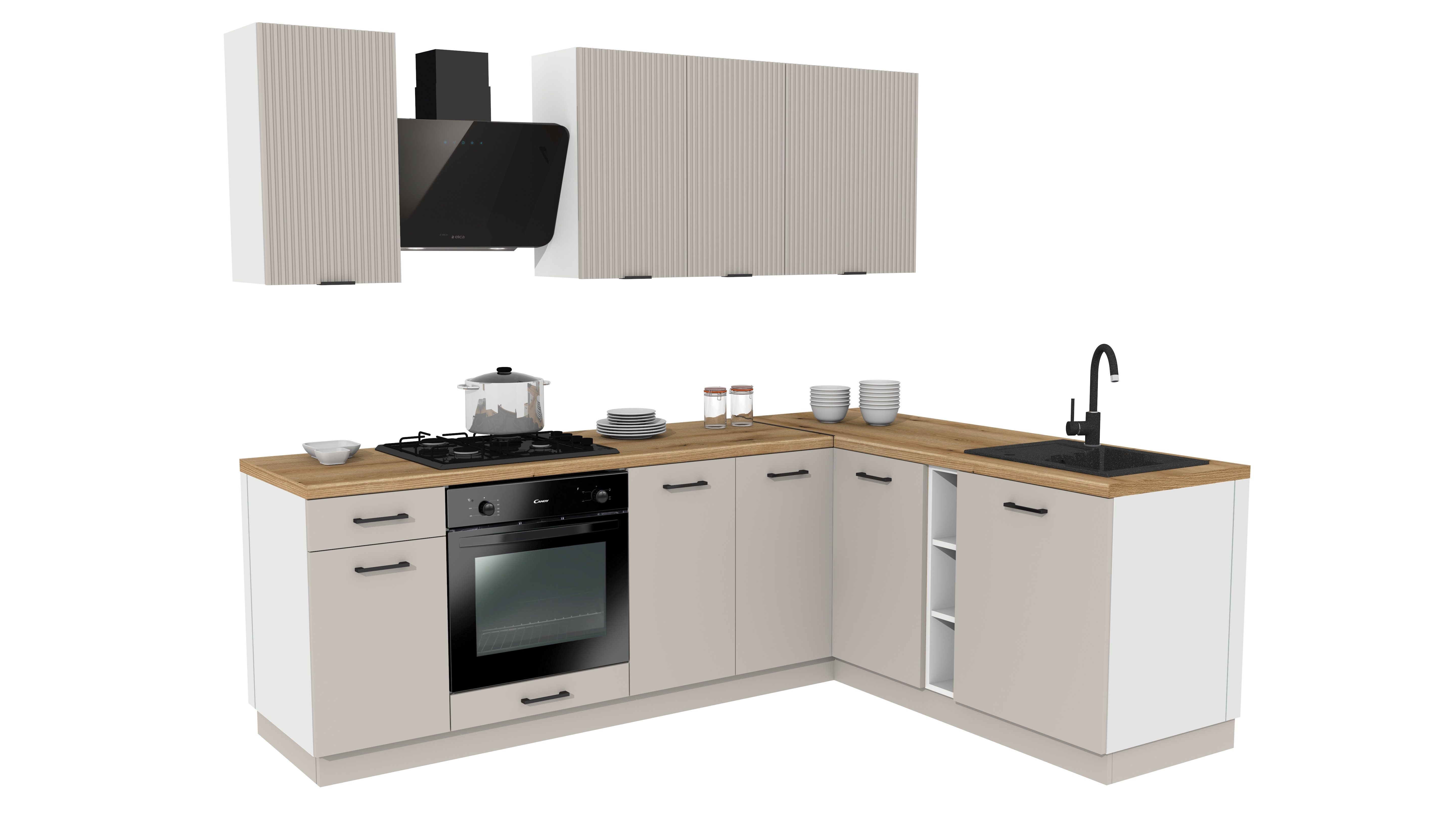 ROYAL24_MARKT Winkelküche - SIMPLY Z2 - Kaschmir / Kaschmir Rille / Weiß, (Komplett Set), Feinste Qualität - Modern - Zeitlos
