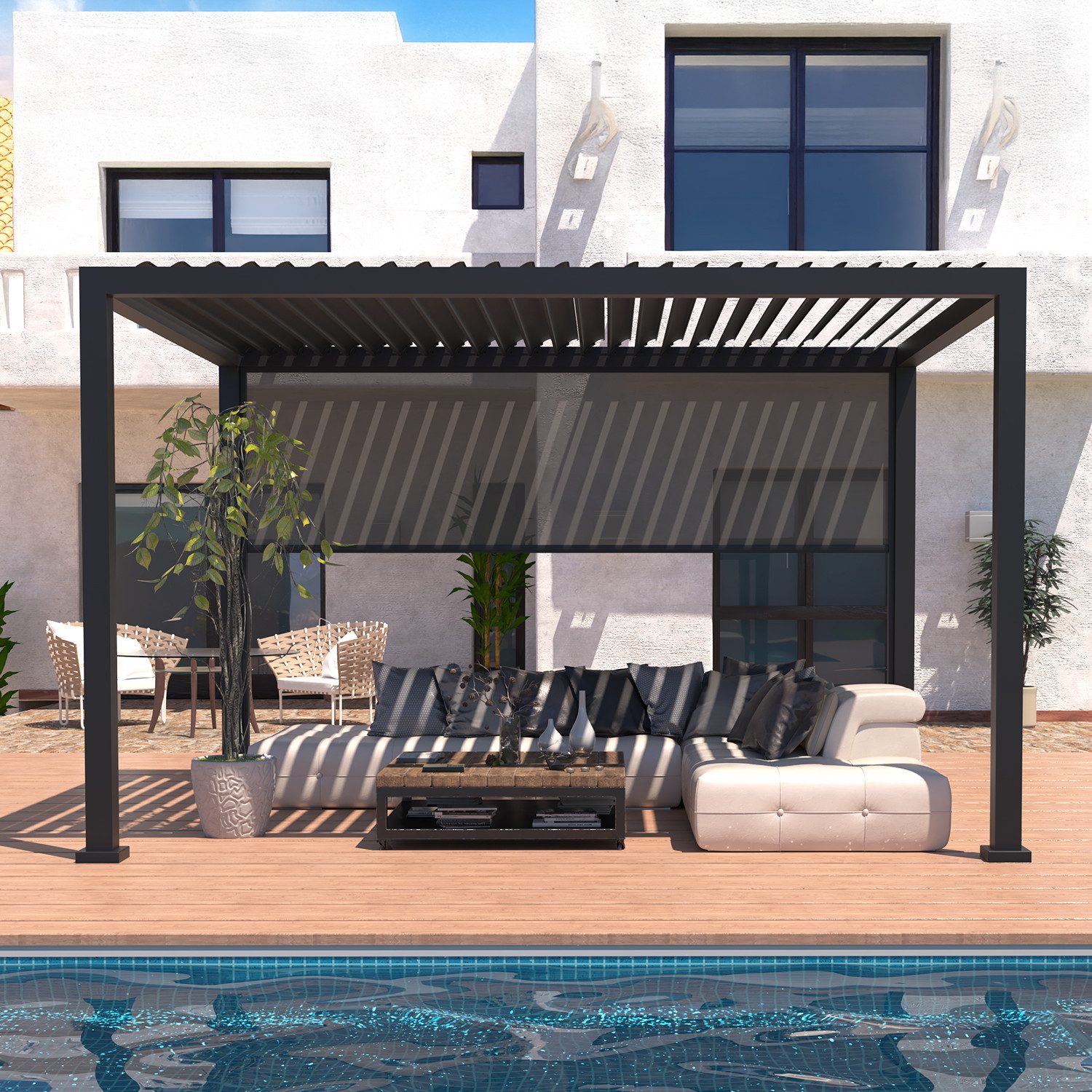 anndora Pergola 3 x 4 Meter Aluminium Pavilion + 1 Stück Seitenwand, BxTxH: 293x293x245 cm, (5-tlg), pulverbeschichtetes wetterfestes Dach - Kurbelmechanik zum  – Bild 2 von 5