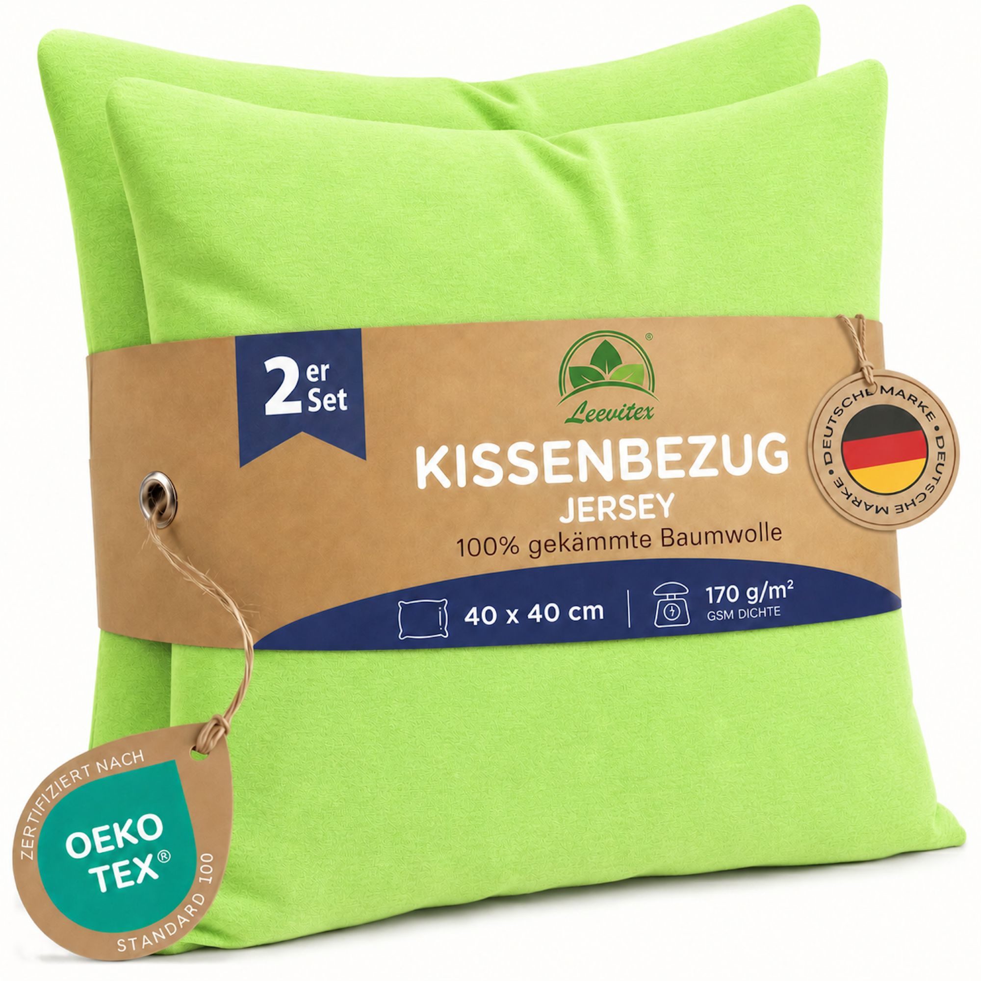 leevitex® Kissenbezüge Kissenbezug 40 x 40 cm, 2er Set, Apfelgrün, Hellgrün, (2 Stück), feine Jersey-Qualität, 100% Baumwolle, robuster Reißverschluss