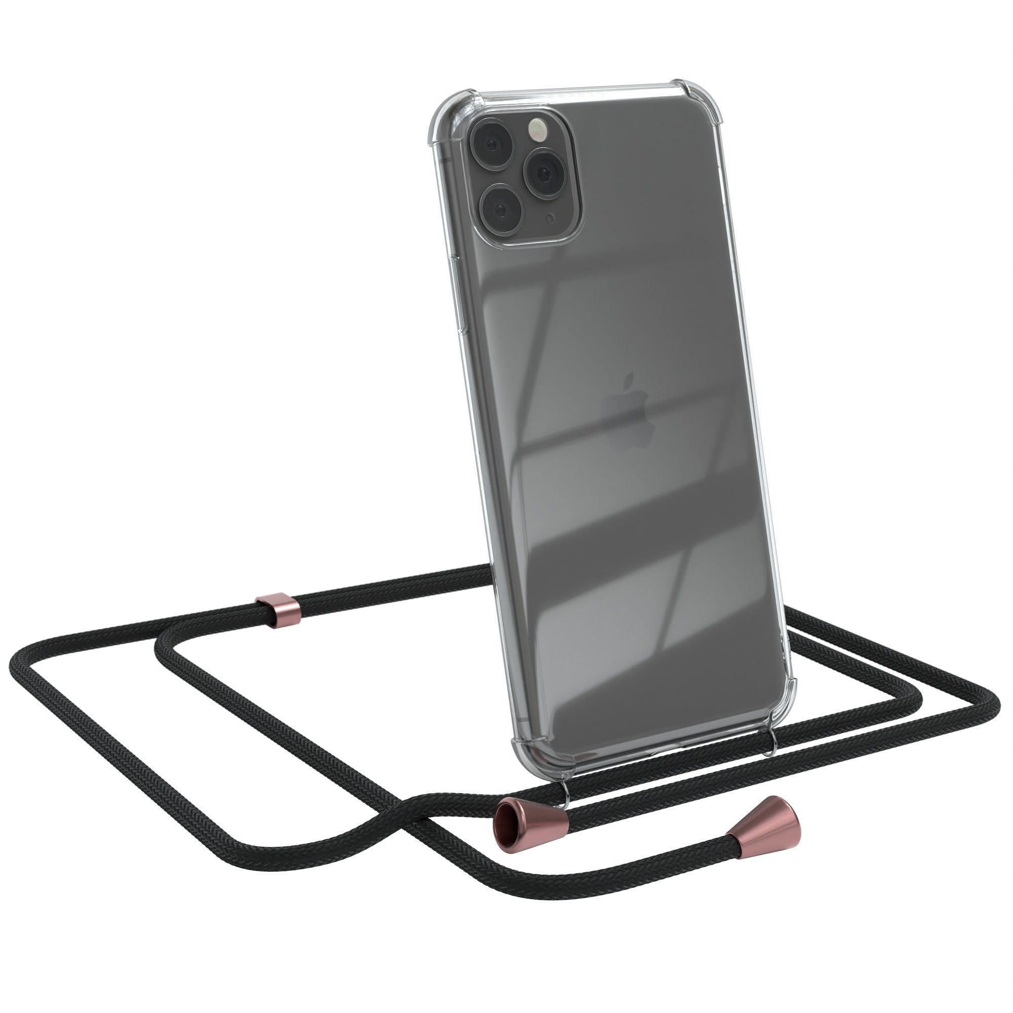 EAZY CASE Handykette Hülle mit Kette für Apple iPhone 11 Pro Max 6,5 Zoll, Handykordel Smartphonekette für Unterwegs Festivalbag Schwarz Rosé