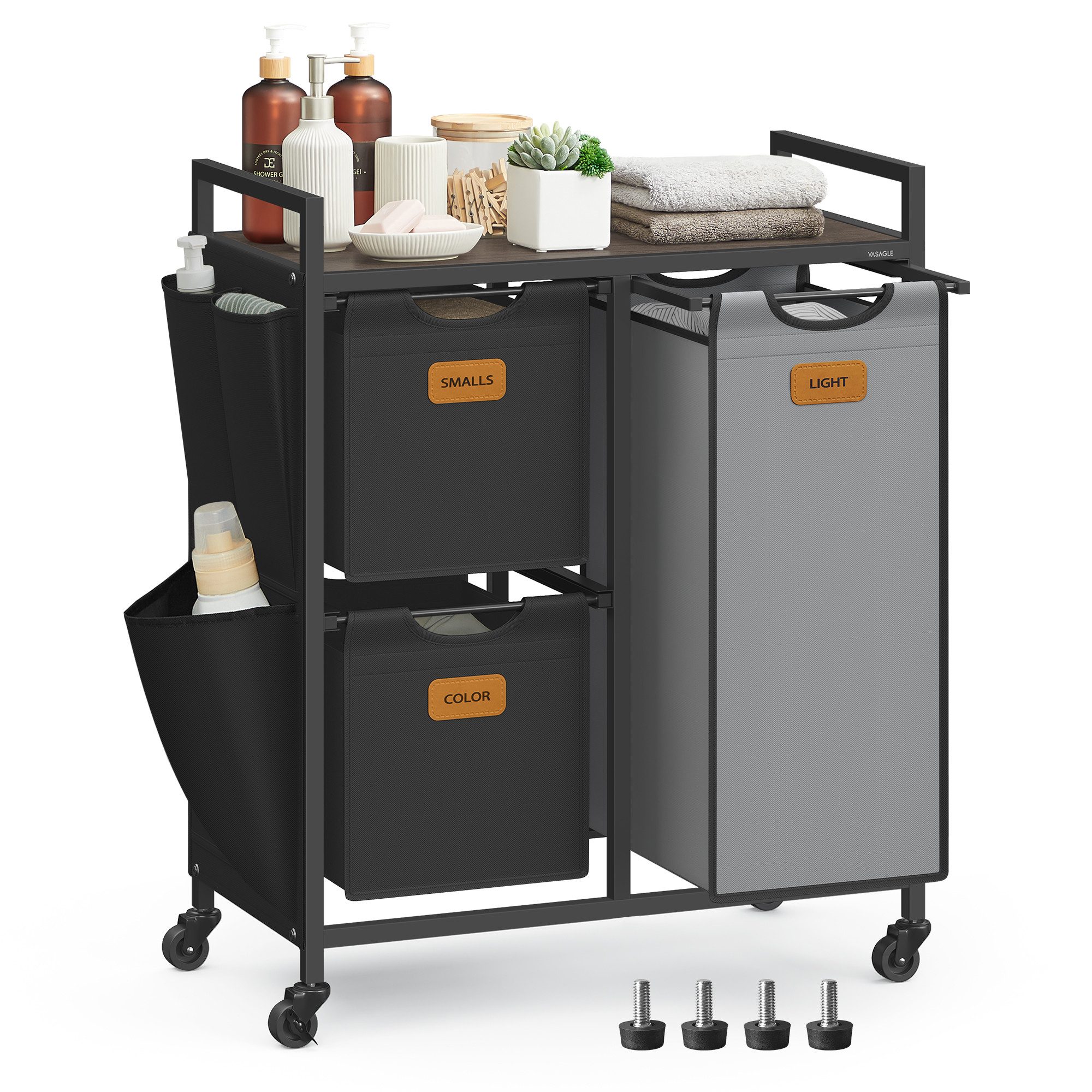 VASAGLE Wäschekorb, Wäschesammler, Wäschesortierer, Rollen, Wäschewagen mit Ablage, 150 L