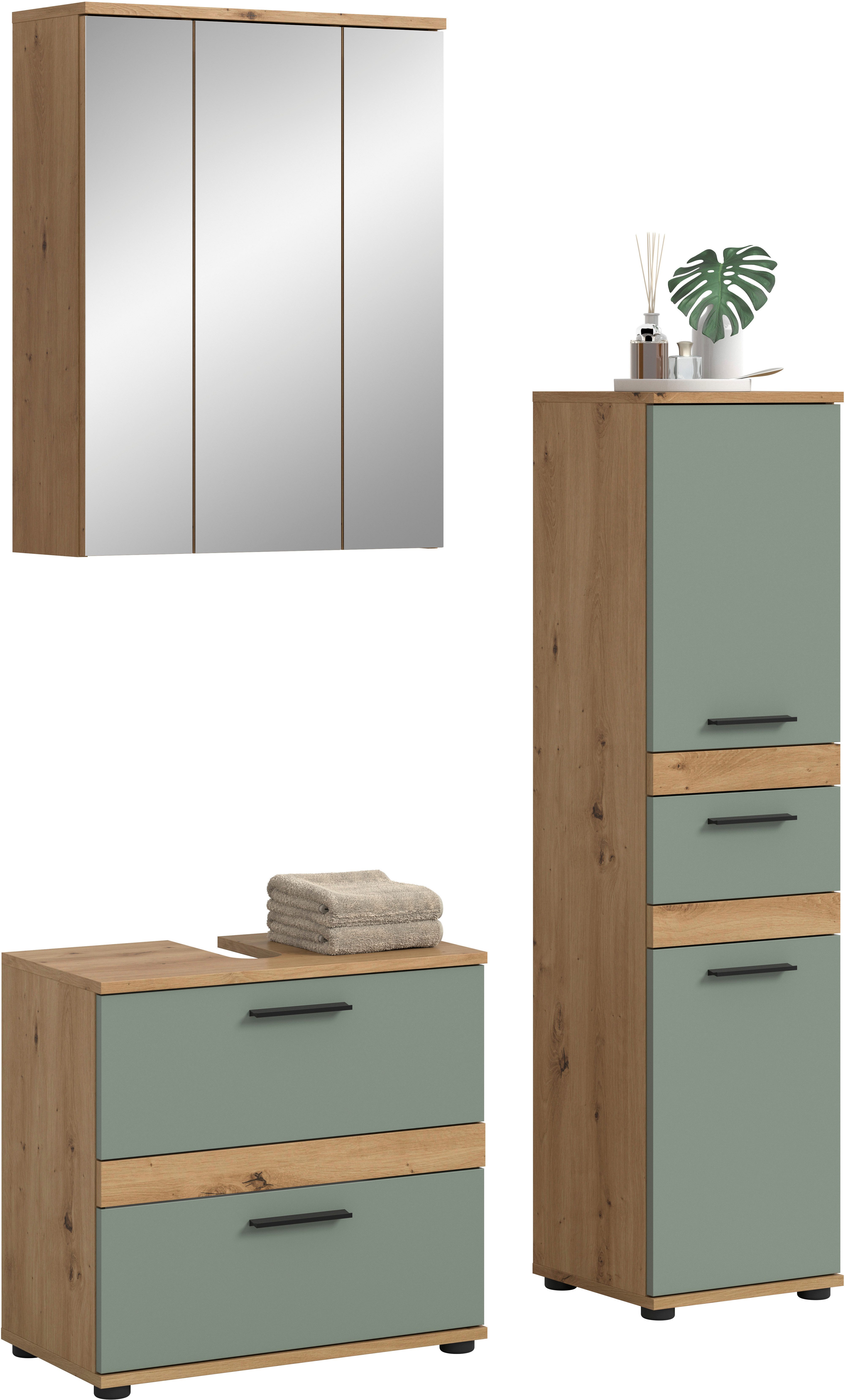 welltime Badmöbel-Set LUCCA, 3-teilig, hochwertige MDF Front, (Set, 3-St., best. aus: Waschbeckenunterschrank, Spiegelschrank, Hochschrank)