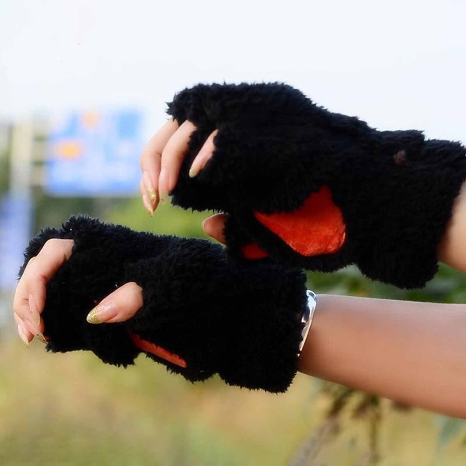 Handschuh Damen, Frauen Lady Katze Handschuhe Plüsch (Katzenpfote Nette und Fingerlose Fleecehandschuhe Handschuhe Halbe Winter Mädchen Teenage Handschuhe Warme für Beige Winterhandschuhe) Rutaqian