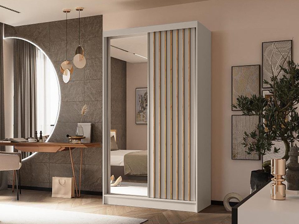 Beautysofa Kleiderschrank HELIX II mit Spiegel und Schubladen (Kleiderstange und funktionalen Stauraumlösungen, Moderner Garderobenschrank mit Lamellen) Schwebe – Bild 2 von 5
