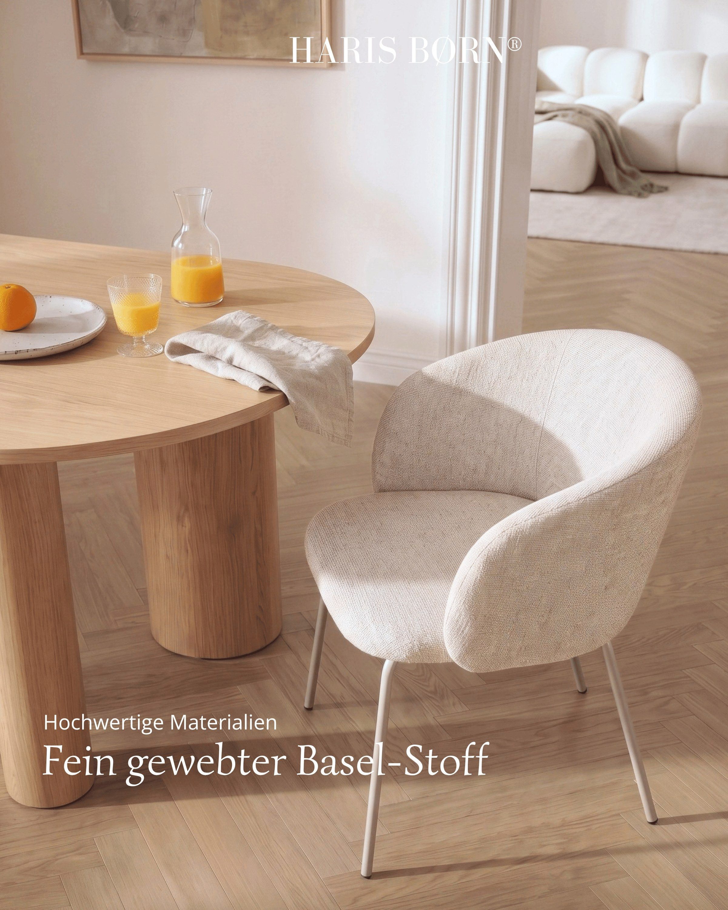 Haris Børn Esszimmerstuhl mit Armlehnen NØR - Hochwertige Polsterstühle für Esszimmer (Set, 6 St), Beige/Beine hellgrau - Premium Esszimmer Stühle & Wohnzimmer  – Bild 5 von 5
