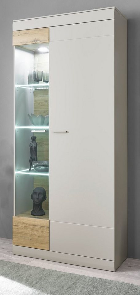 Furn.Design Stauraumvitrine Griego (Vitrinenschrank in Kieselgrau mit  Eiche, 90 x 199 cm) 12 Fächer, mit Soft-Close