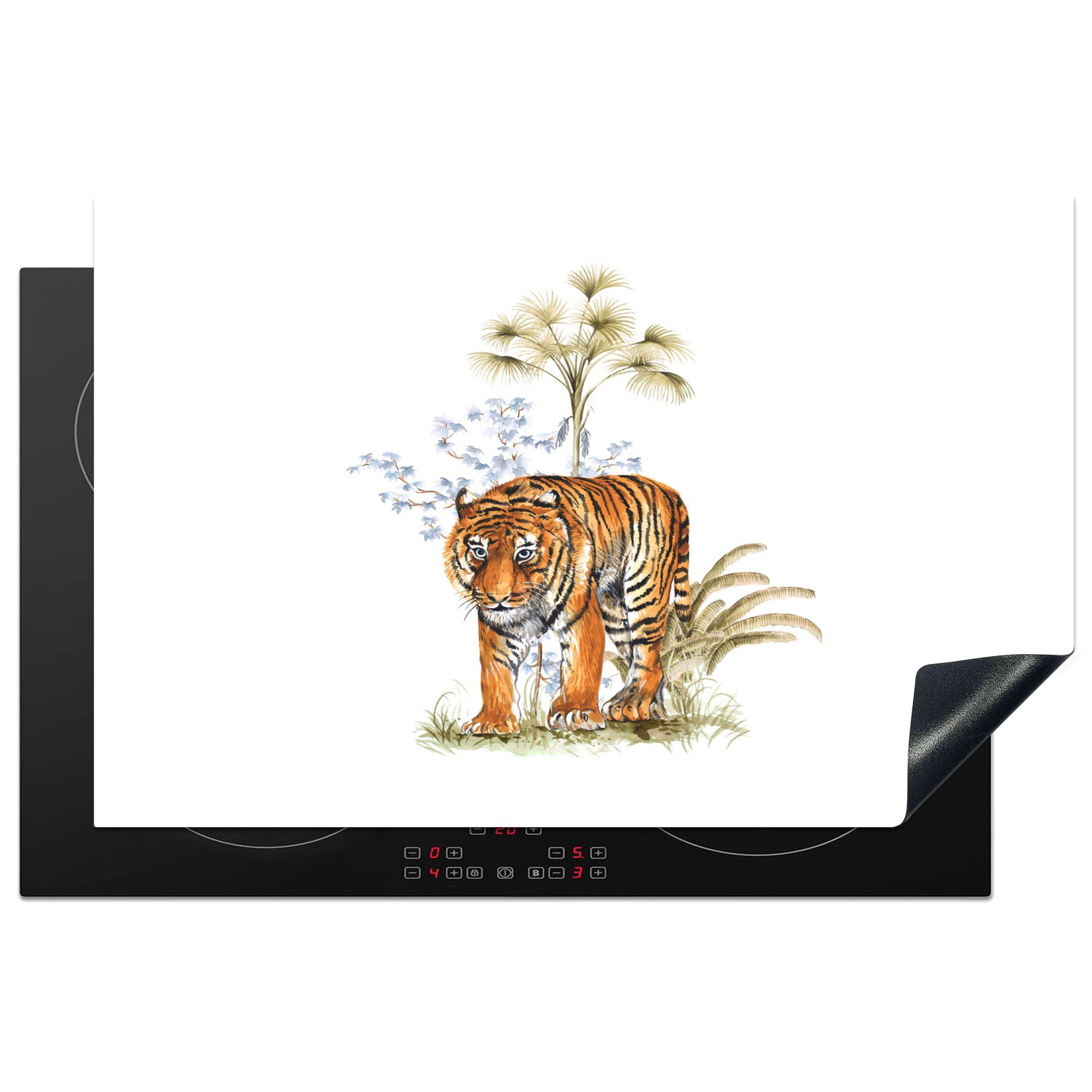 MuchoWow Herdblende-/Abdeckplatte Tiger - Pflanze - Weiß, Vinyl, (1 tlg), 81x52 cm, Induktionskochfeld Schutz für die küche, Ceranfeldabdeckung