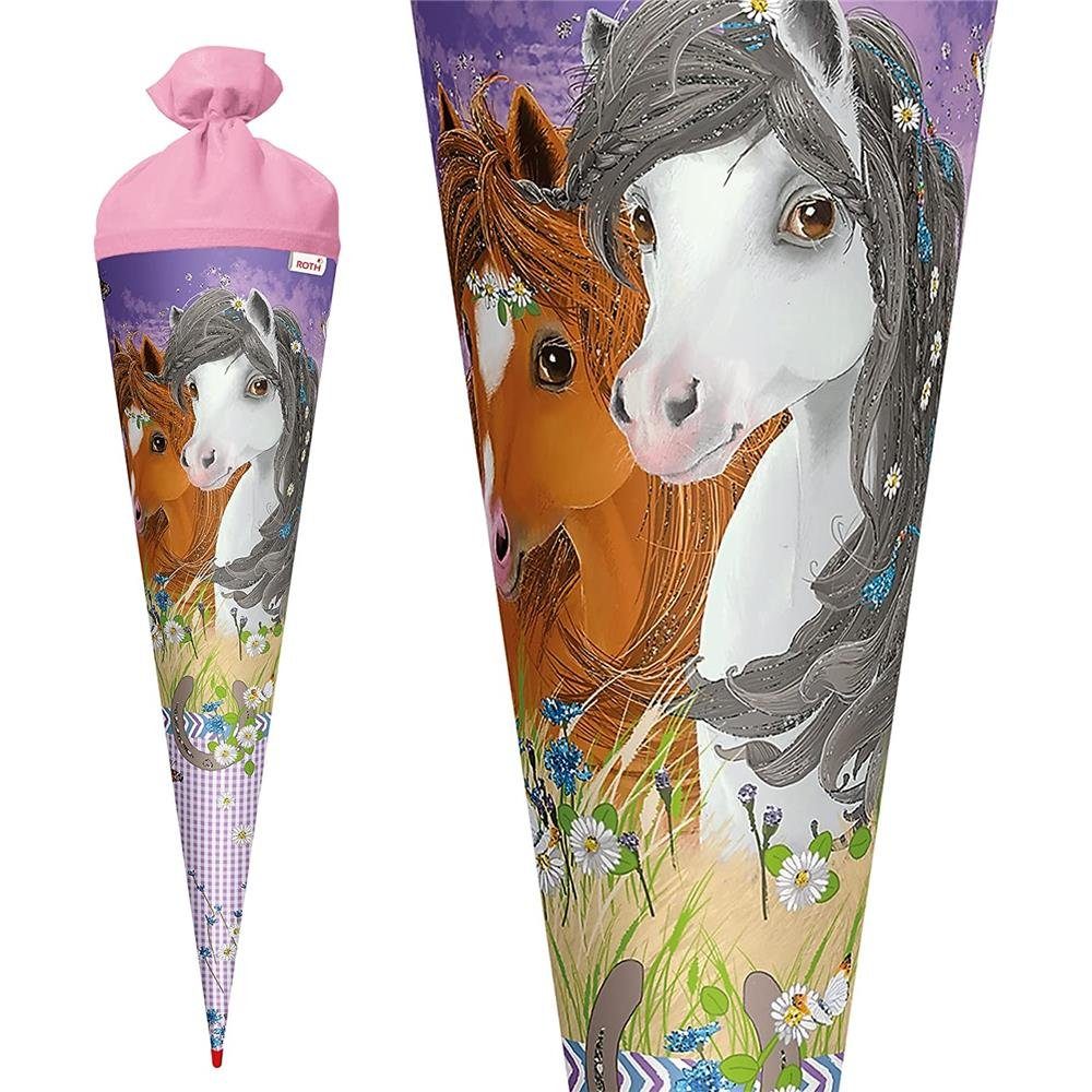 Roth Schultüte Blumenpferde mit Glitter, 70 cm, rund, rosafarbiger Filzverschluss, Zuckertüte für Schulanfang