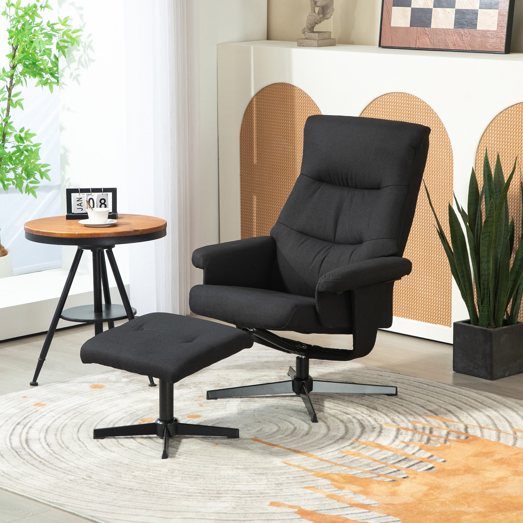 HOMCOM Relaxsessel Hocker, Gepolstert, Liegefunktion, Wippfunktion (TV-Sessel, 2-St., Liegesessel), für Wohnzimmer, Schlafzimmer, Schwarz