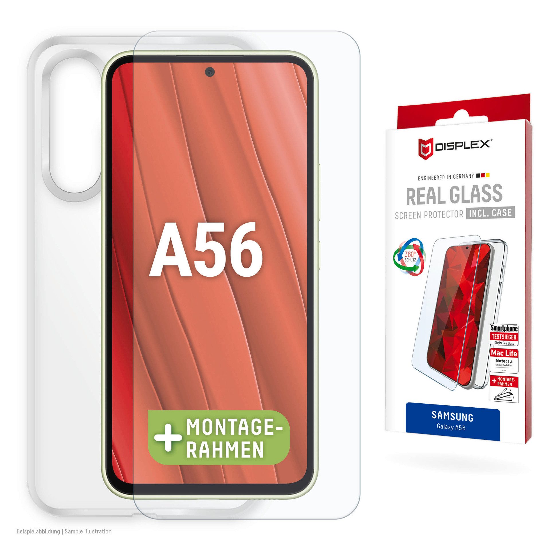 Displex Displayschutzglas Real Glass Screen Protector inkl. Case für Samsung Galaxy A56 5G, Displayschutzfolie, Schutzfolie, Bildschirmschutz, kratz- & stoßfest