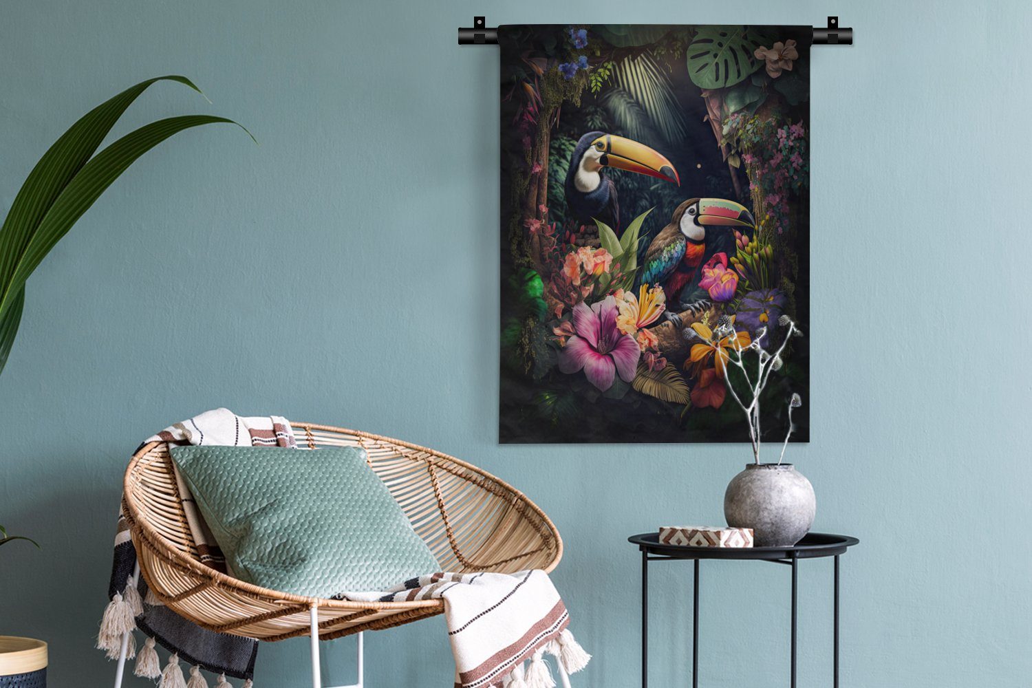 an Wohnzimmer, der Wanddekoobjekt Blumen MuchoWow - Wand, - Deko - Schlafzimmer Dschungel, für Pflanzen Tapisserie, Tukan