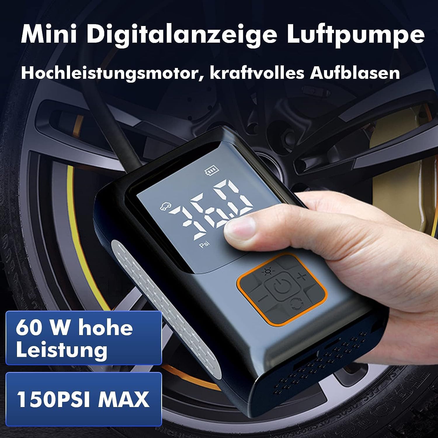 DOPWii Akku-Luftpumpe Luftpumpe Kompressor-Reifenfüller mit LCD-Display,mit 3 Düsenadaptern (1-tlg), Inflator für Autoreifen, Motorrad, Fahrrad, Basketball
