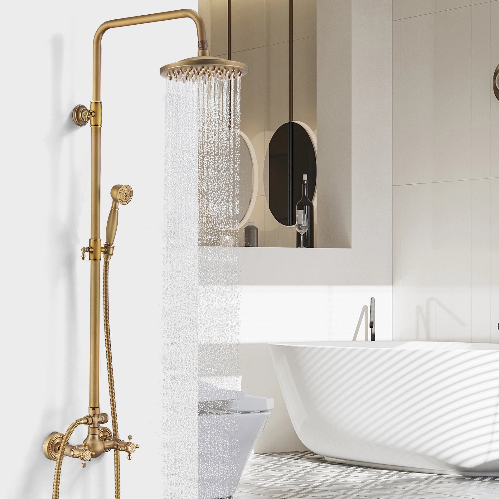 HOMELODY Duschsystem gold Retro Messing Duscharmatur Set Antik Gold Dusche mit Regendusche, 2 Strahlart(en), Thermostatische Dusche, Duschset mit 8" Regendusche Handbrause Kopf - Höhenverstellbar