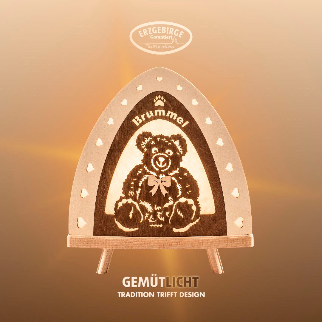 Weigla LED Dekolicht Brummel, Holz, NATUR-BRAUN, Teddybär Lampe, Made in Germany, LED wechselbar, Neutralweiß, Erzgebirge garantiert, Dekolampe für Innen, Dekoleuchte