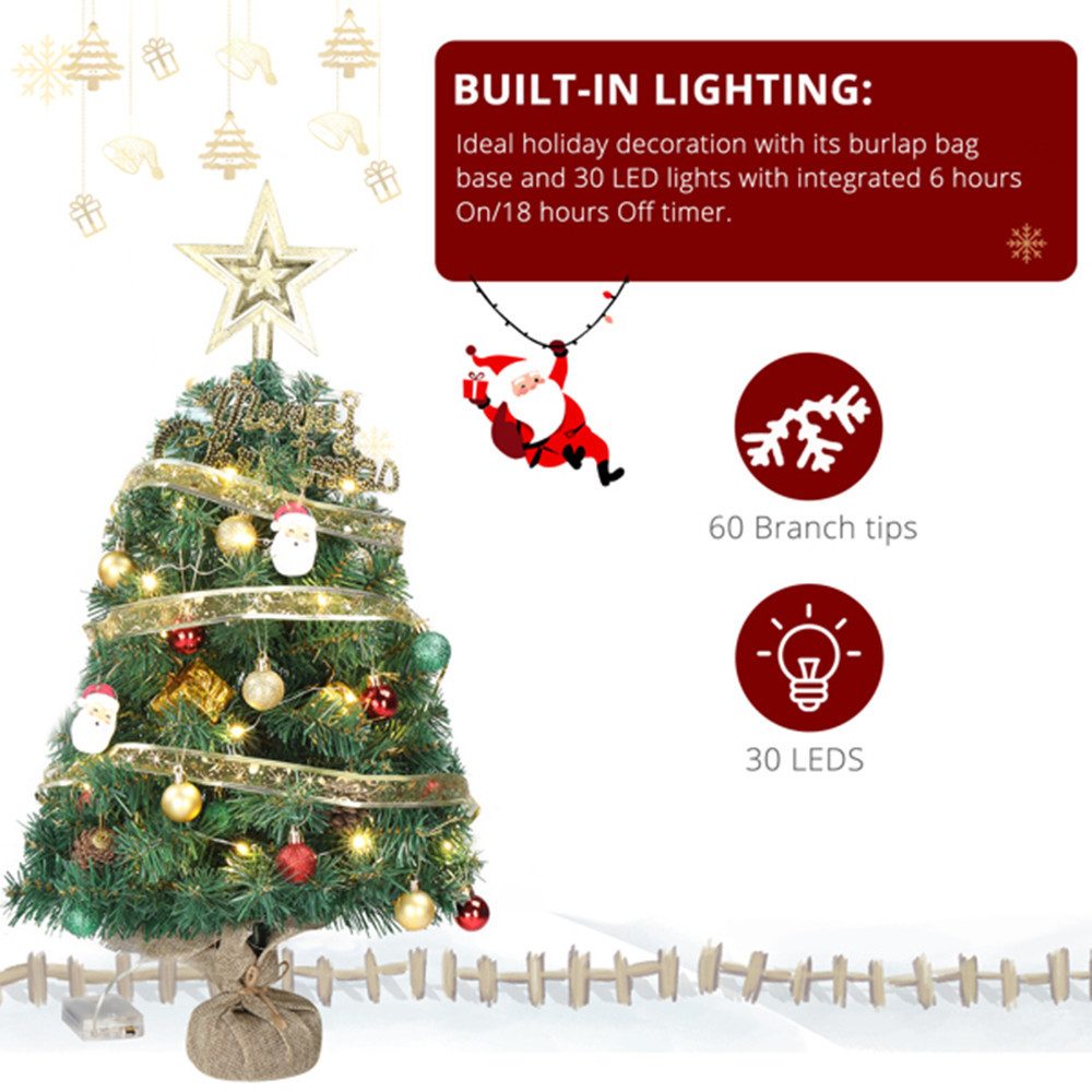 autolock Künstlicher Weihnachtsbaum Mini-Weihnachtsbaum, Tischplatte Künstliche Weihnachtsbaum mit, Ornamenten und 30 LED für Home Office Store Holiday Deco(ca.60cm)
