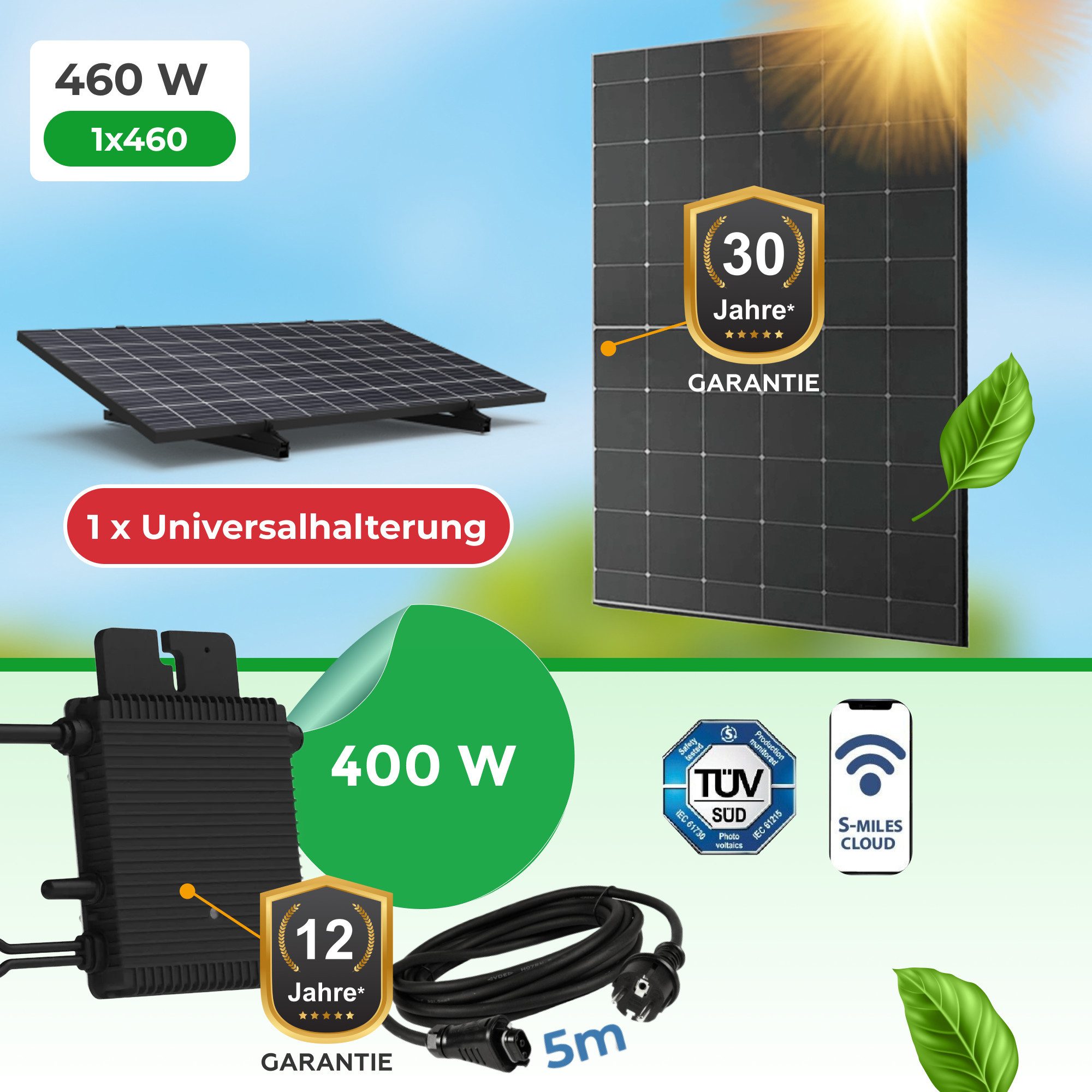 Paket.ag Balkonkraftwerk 460 W mit Hoymiles HM-400 – Glas-Glas Modul (inkl. Universalhalterung), (1-St)
