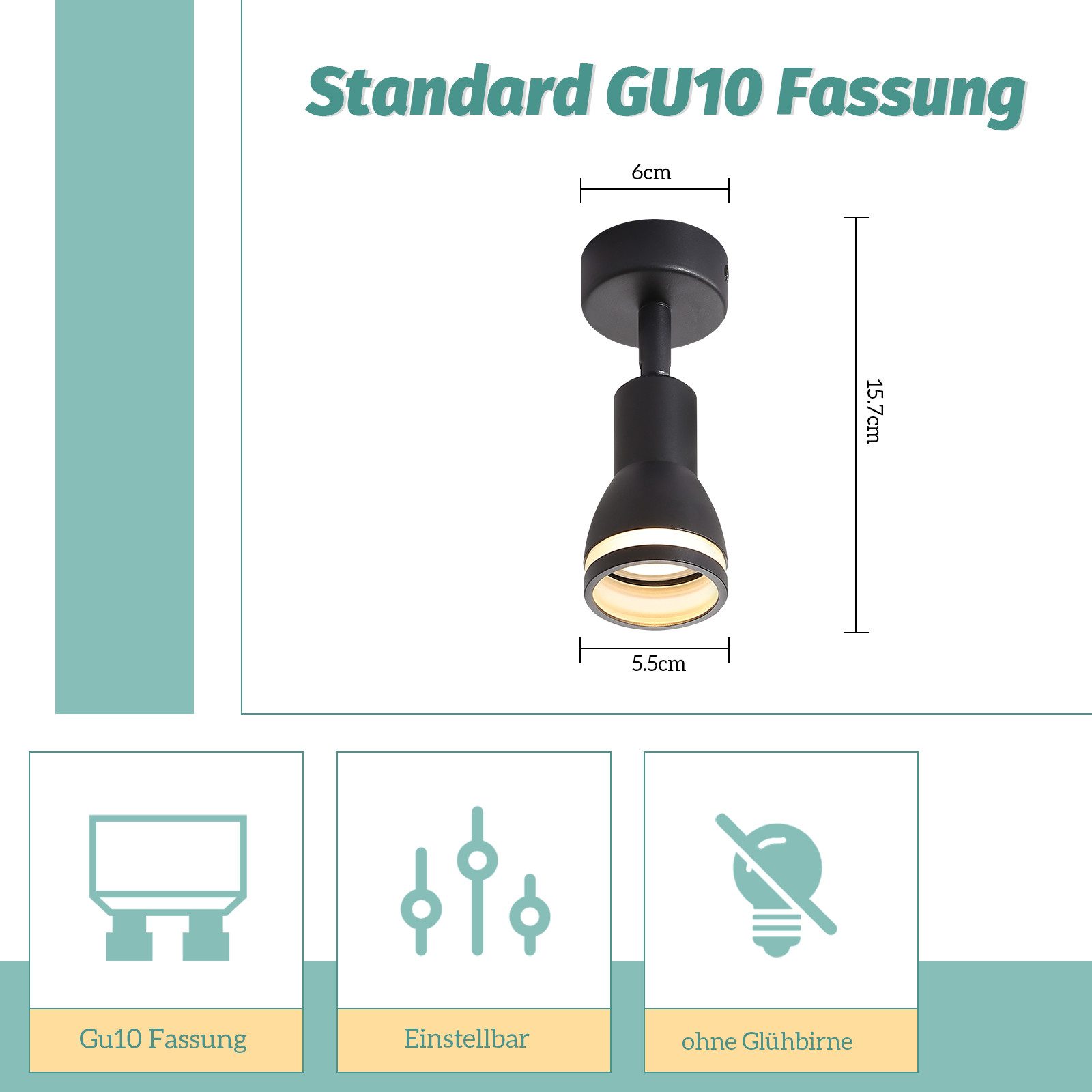 ZMH Deckenstrahler 1-Flammig GU10 Modern Deckenleuchte Metall Flurlampe für Küche Büro, ‎Anpassbar Leuchtrichtung, ohne Leuchtmittel, Schwenkbar 355° Wandstrahler Innen für Wohnzimmer Schlafzimmer
